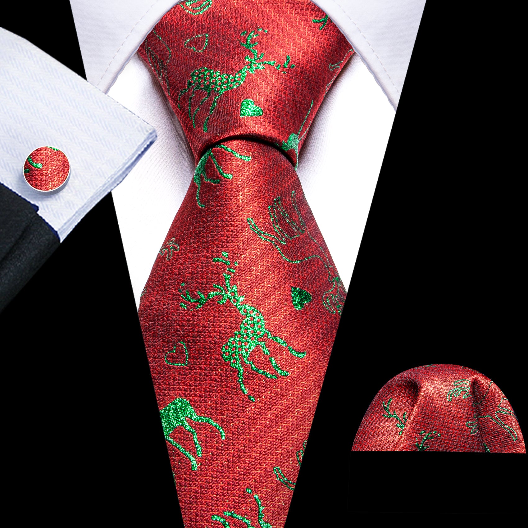 Barry. Wang Christmas Red Necktie Green Reindeer Silk Tie Hanky Cufflinks Set
