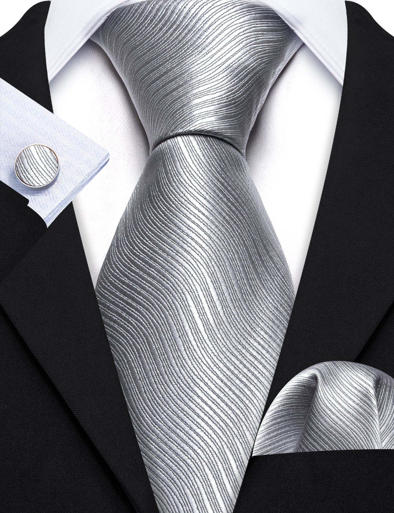 Grey White Solid Silk Tie Handkerchief Cufflinks Set