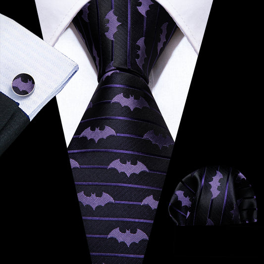 Barry. Wang Purple Bat Necktie Mens Silk Tie Pocket Square Cufflinks Set