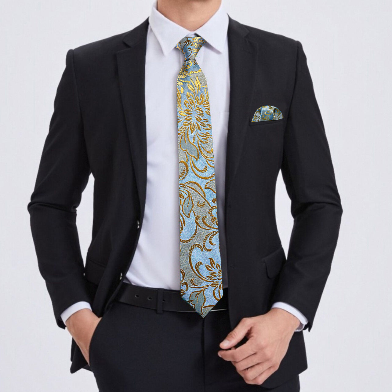 Barry. Wang Gold Blue Flower Silk Tie Hanky Cufflinks Set