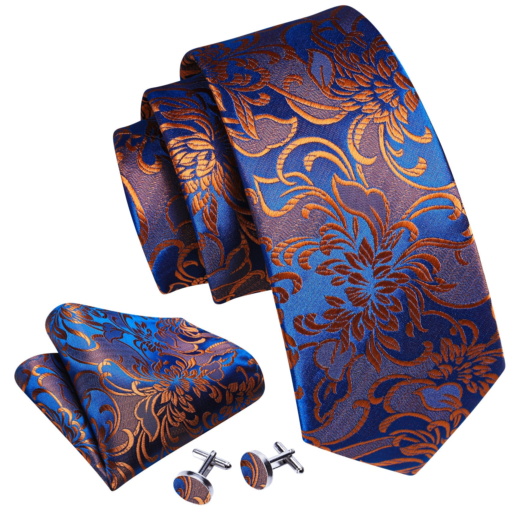 Blue Brown Floral Silk Tie Hanky Cufflinks Set
