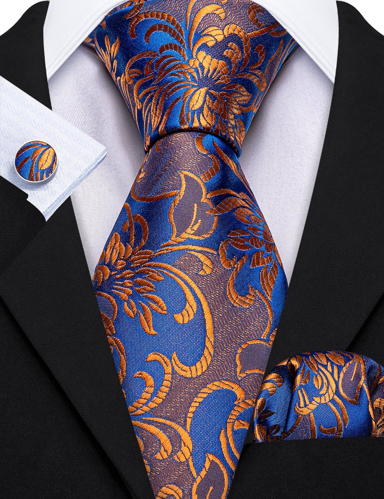 Blue Brown Floral Silk Tie Hanky Cufflinks Set