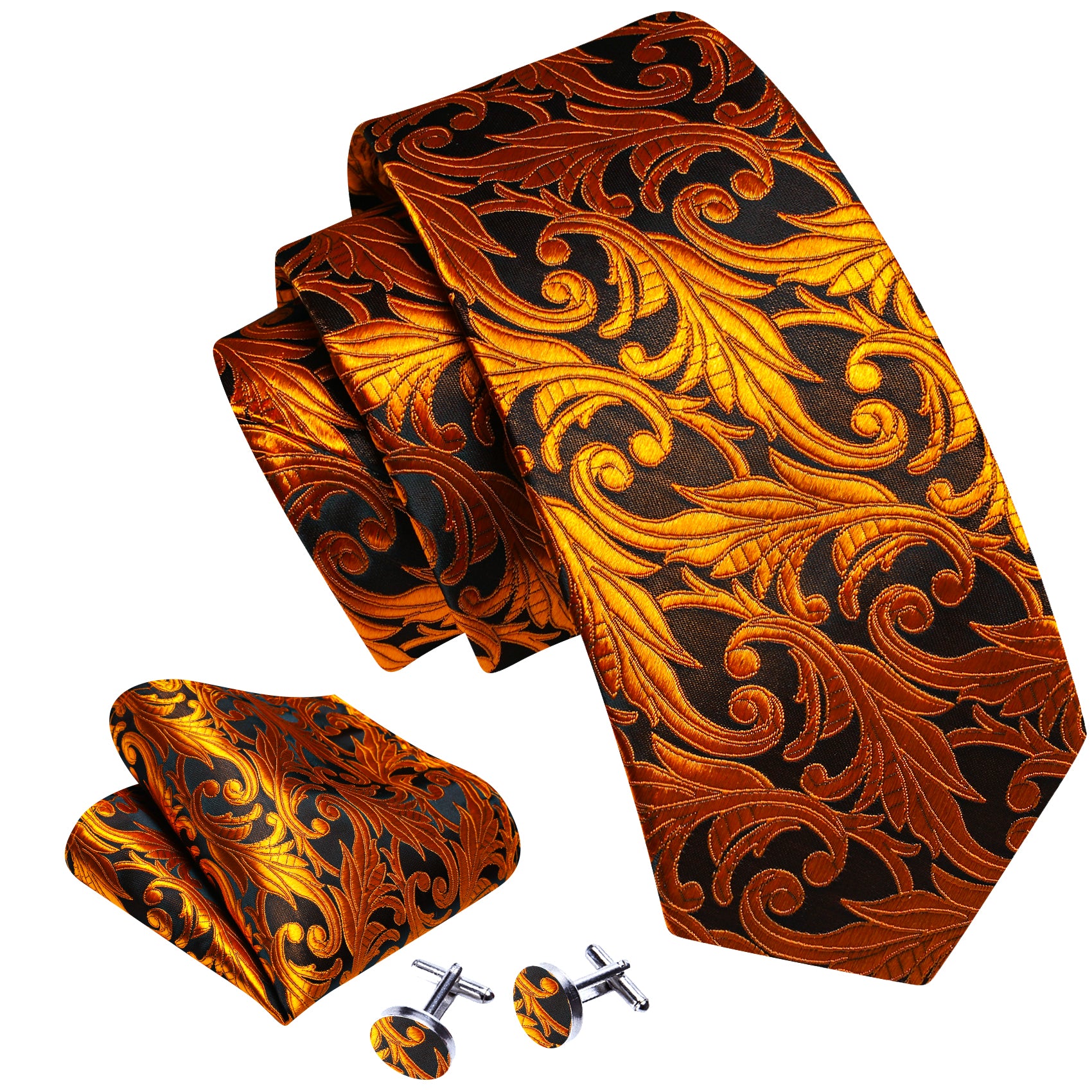 Gold Black Paisley Tie Handkerchief Cufflinks Set