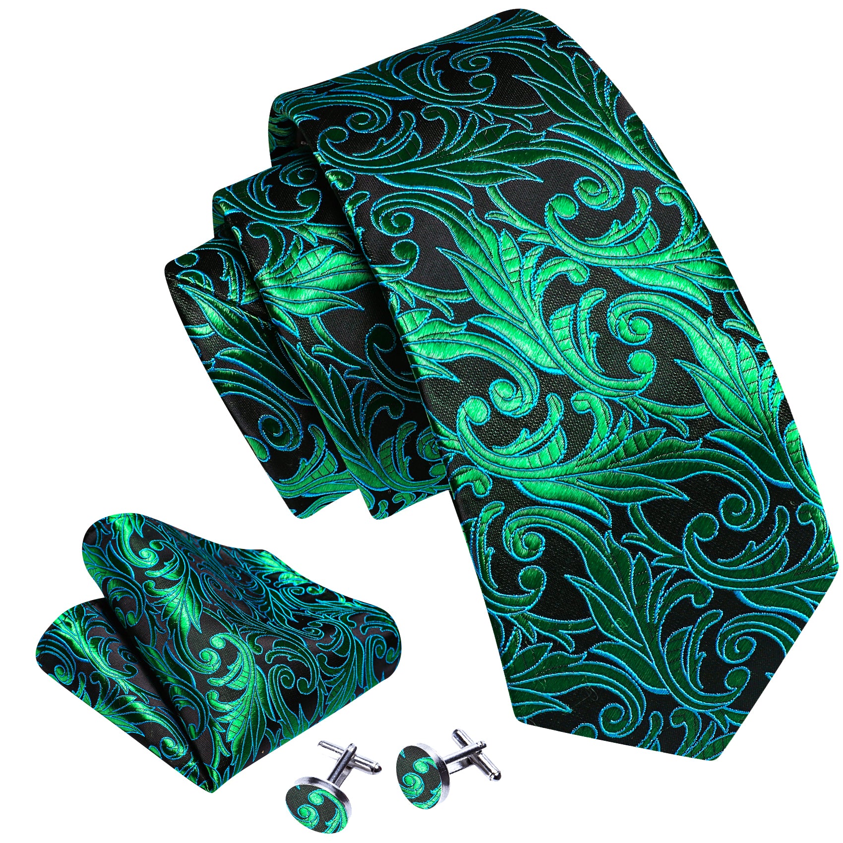 Green Black Paisley Tie Handkerchief Cufflinks Set