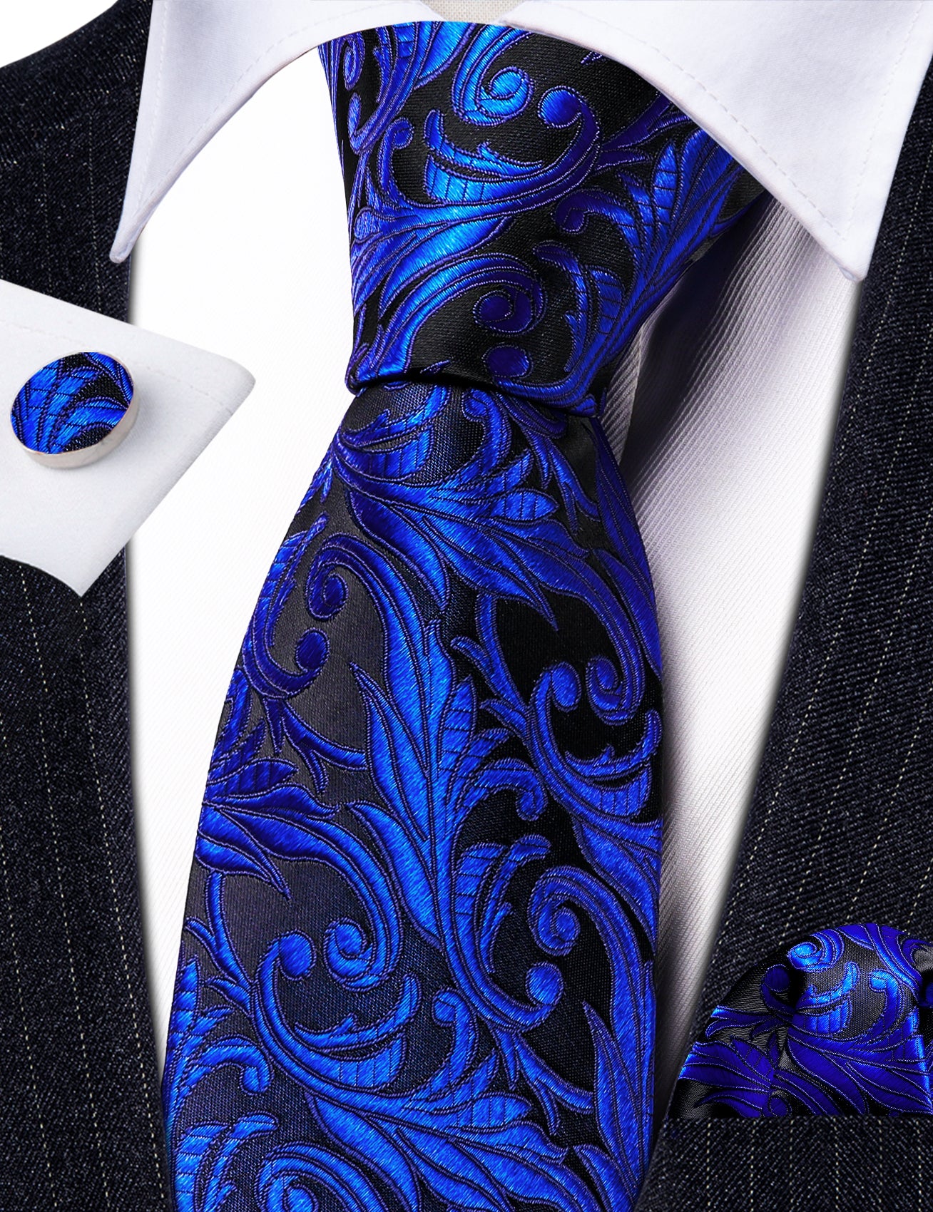  Cobalt Blue Paisley Wedding Tie Handkerchief Cufflinks Set