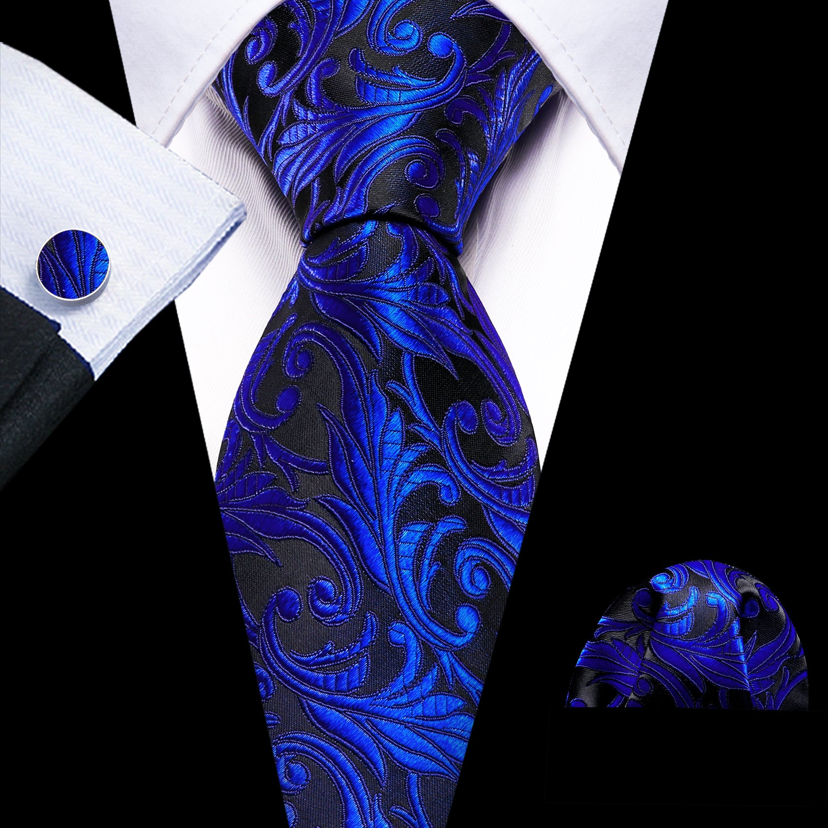  Cobalt Blue Paisley Wedding Tie Handkerchief Cufflinks Set