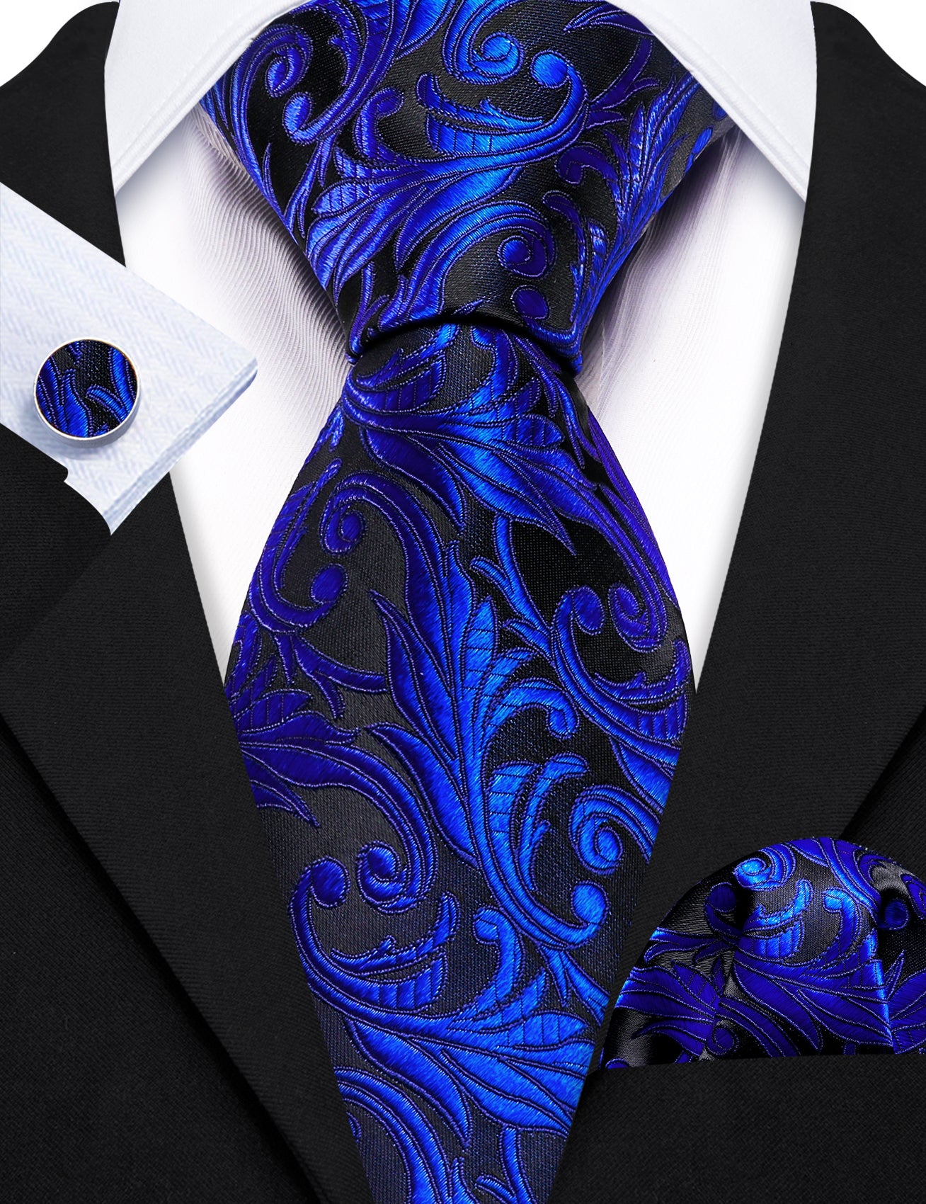  Cobalt Blue Paisley Wedding Tie Handkerchief Cufflinks Set