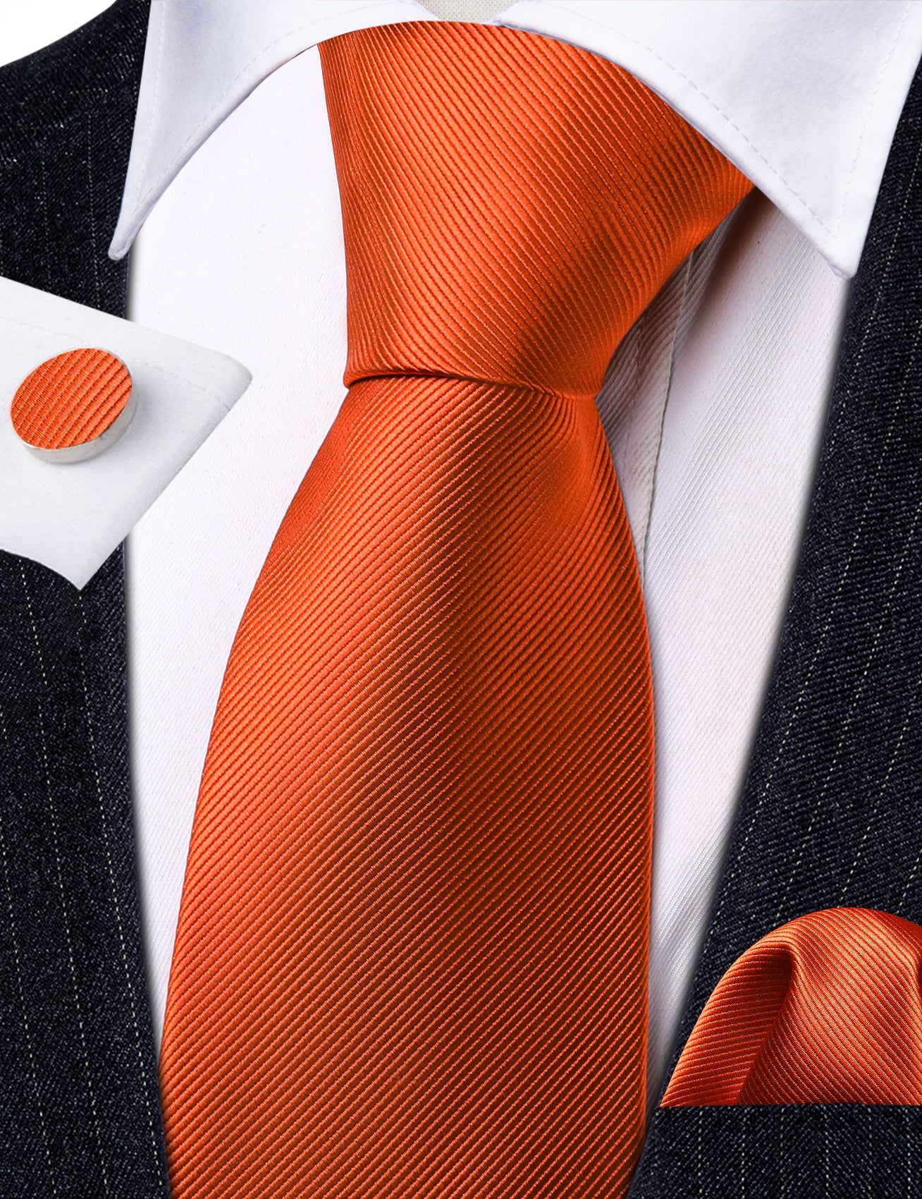 burnt orange bow tie set and black suit with white  lines 