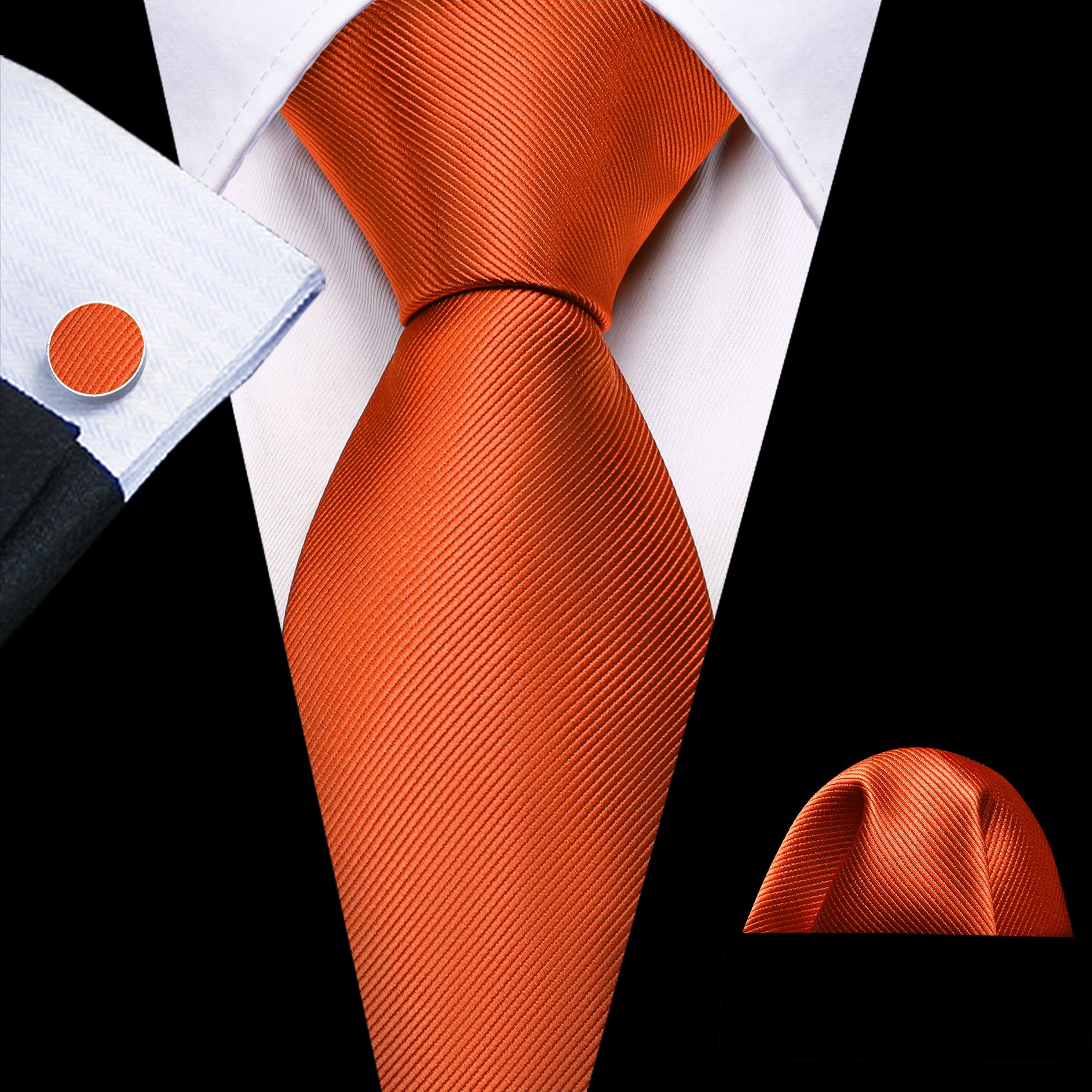 Orange Solid Silk Tie Handkerchief Cufflinks Set