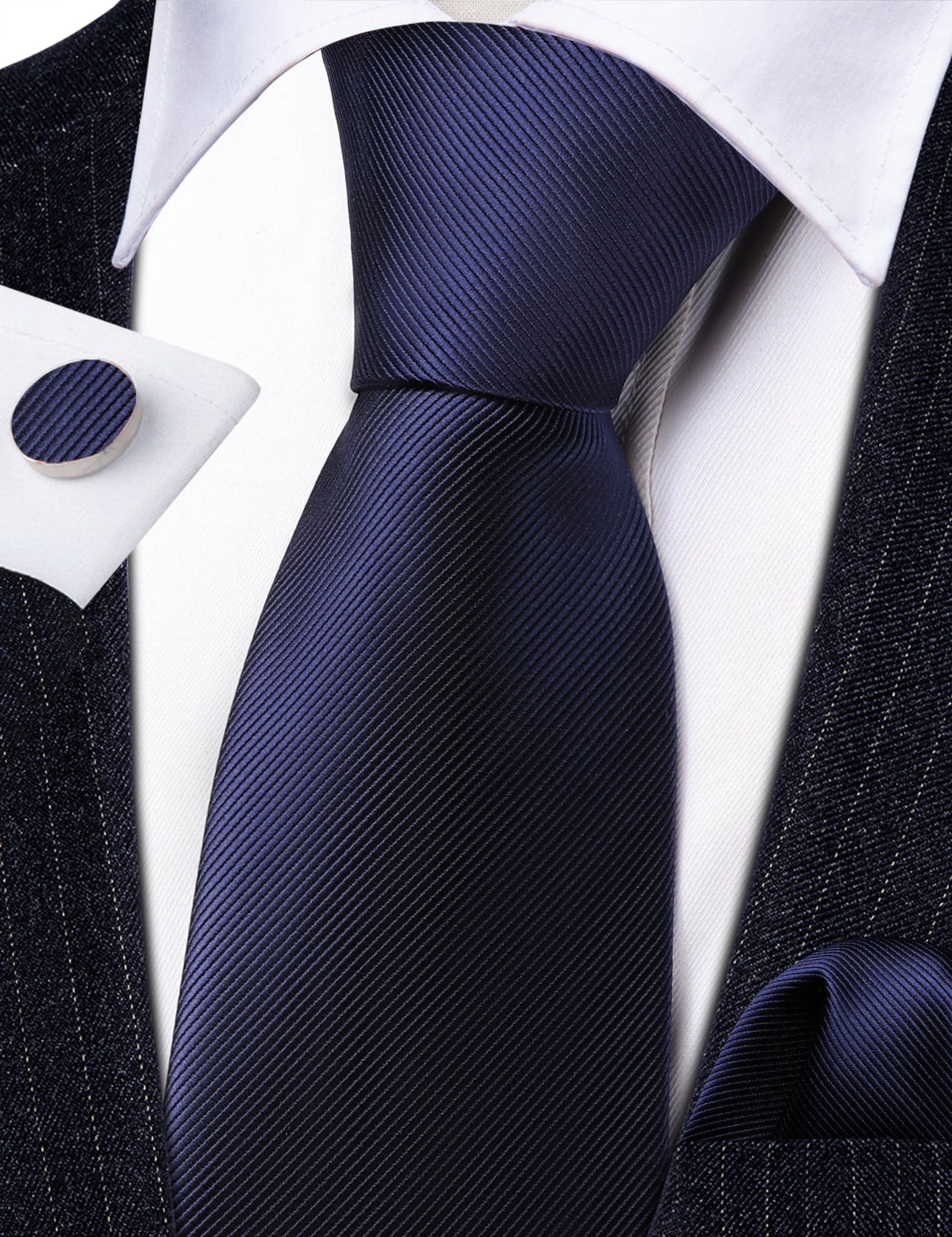  Deep Blue Tie Solid Silk Necktie Handkerchief Cufflinks Set