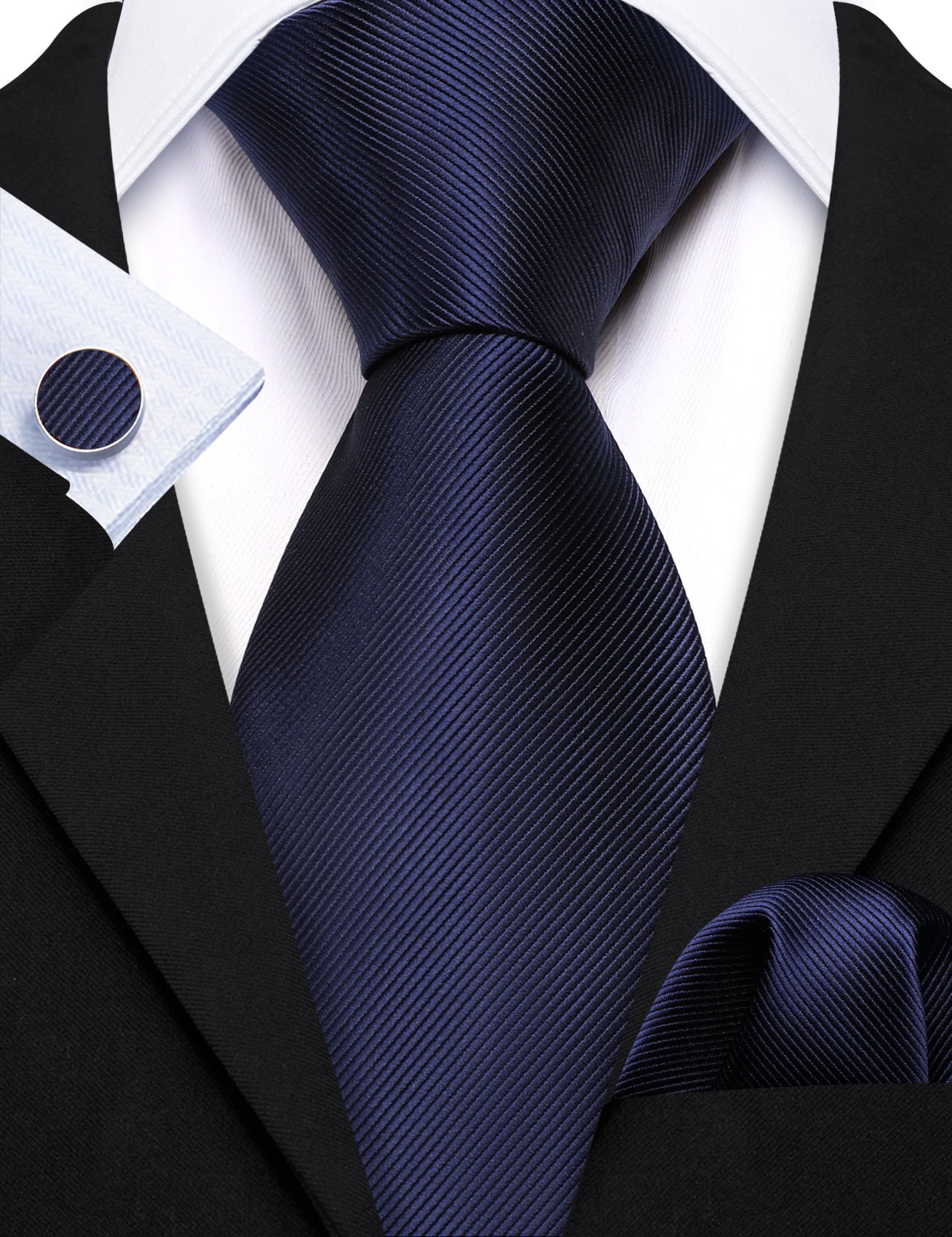  Deep Blue Tie Solid Silk Necktie Handkerchief Cufflinks Set