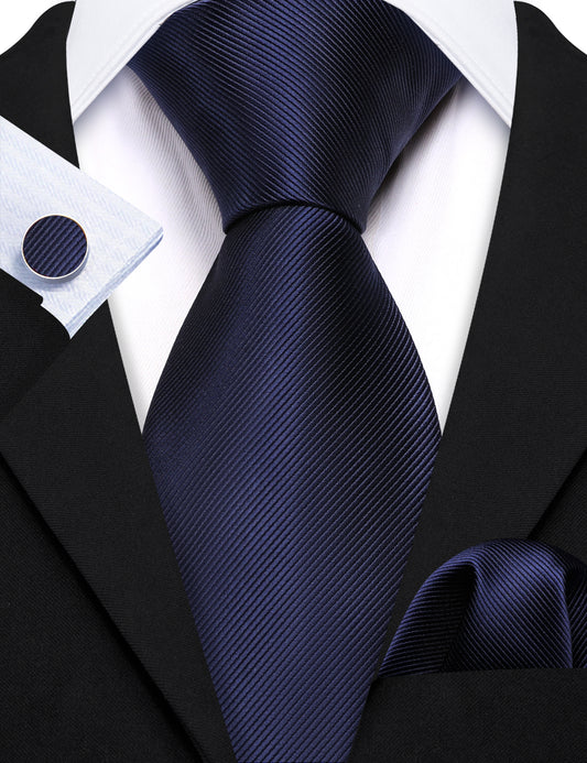  Deep Blue Tie Solid Silk Necktie Handkerchief Cufflinks Set