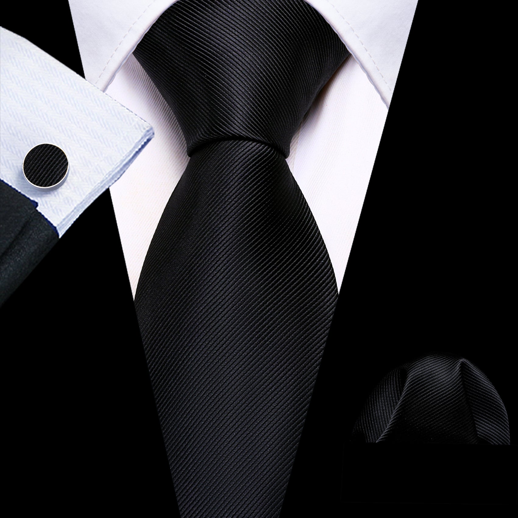 Black Solid Silk Tie Handkerchief Cufflinks Set