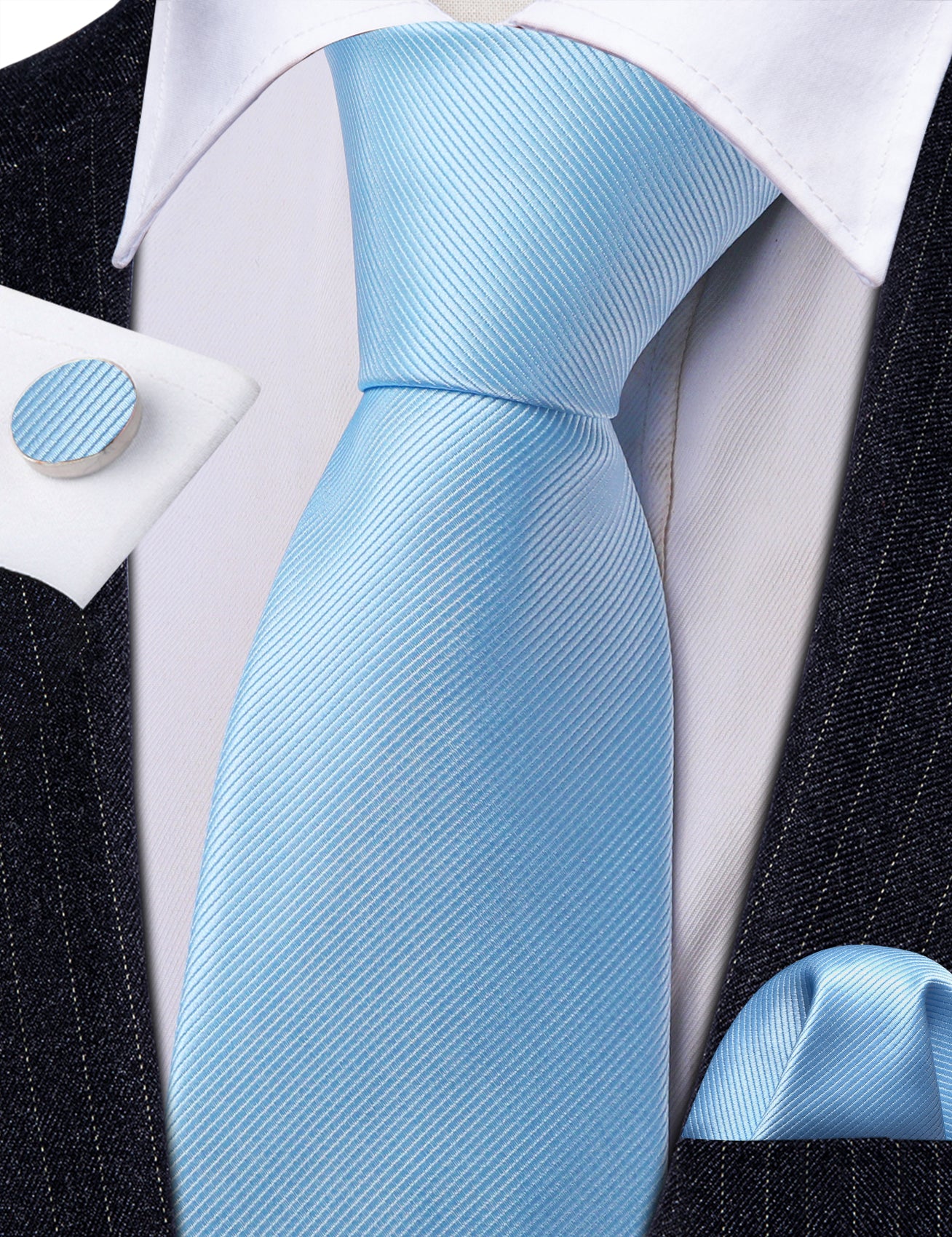 Light Cornflower Blue Tie Solid Necktie Hanky Cufflinks Set