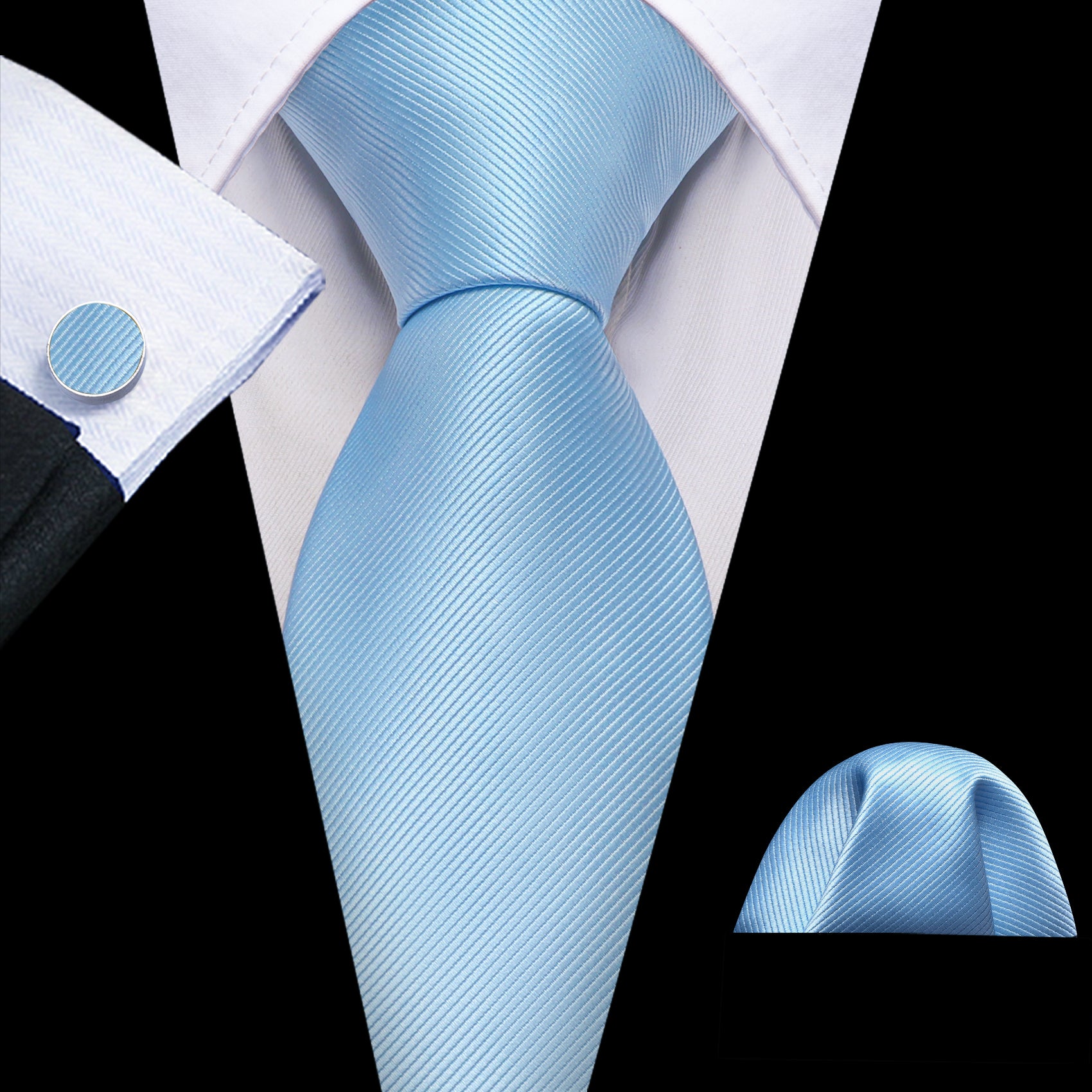 Pale Blue Solid Silk Tie Handkerchief Cufflinks Set