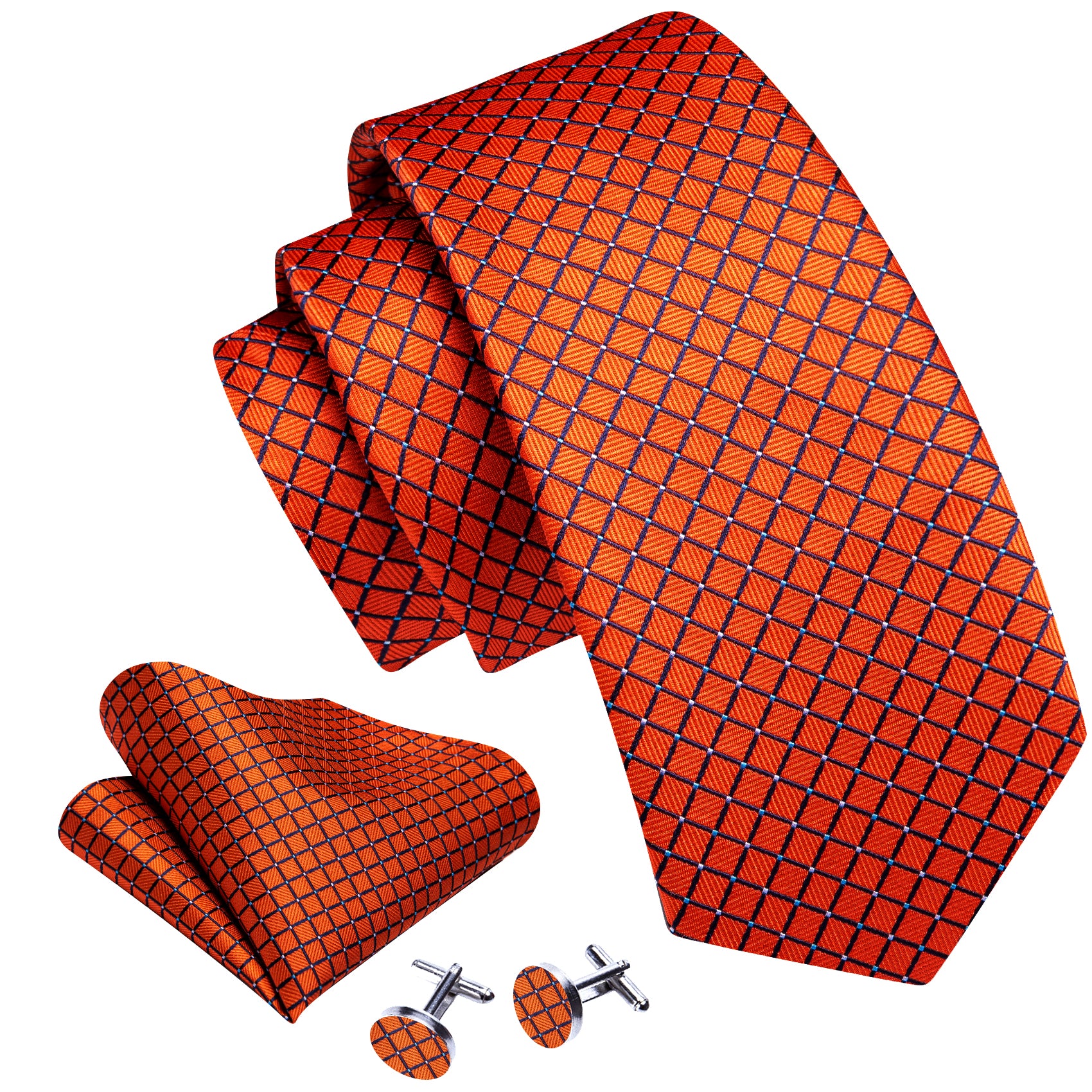 New Orange Plaid Silk Tie Handkerchief Cufflinks Set