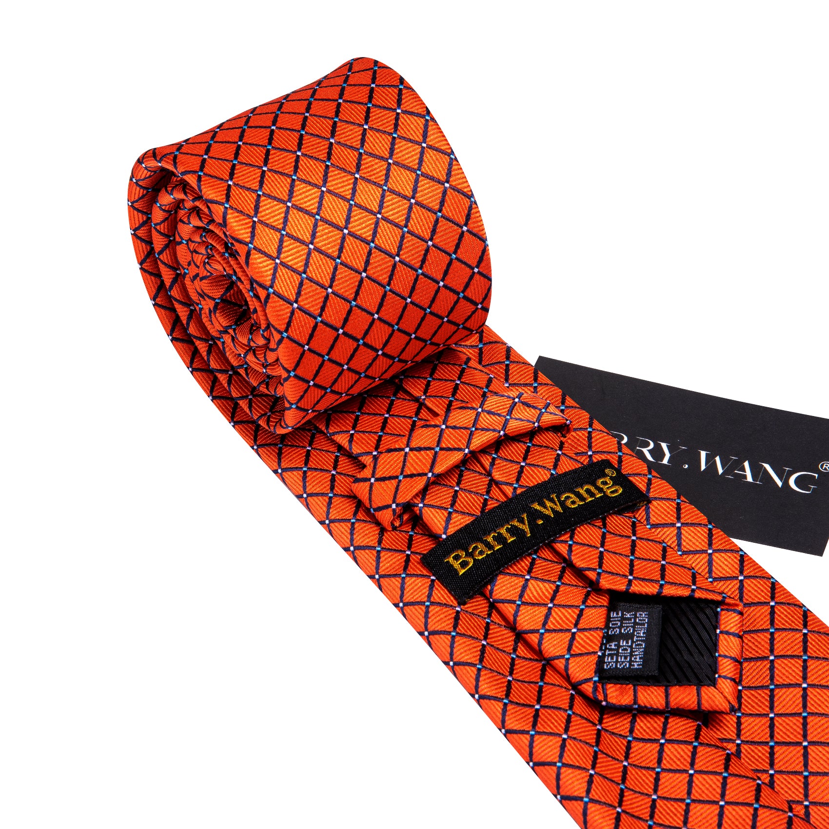 Orange Plaid Silk Tie Handkerchief Cufflinks Set