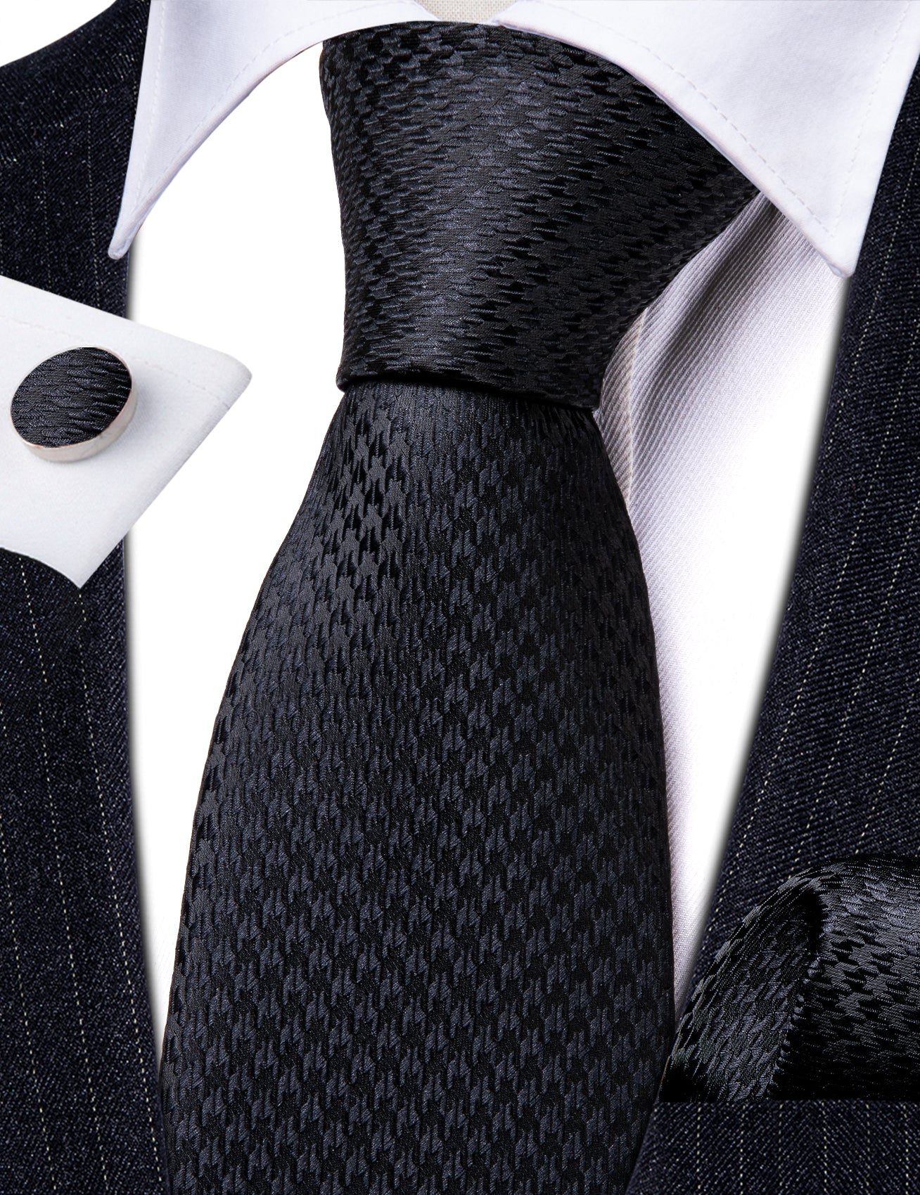 Black Solid Silk Tie Handkerchief Cufflinks Set