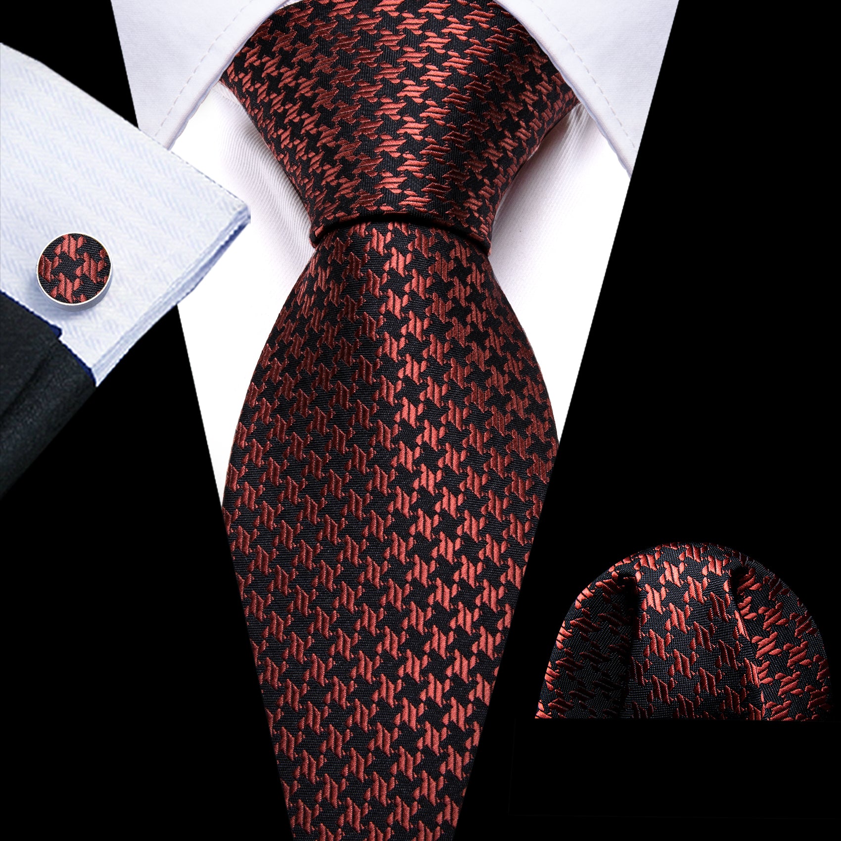 Novetly Brown Floral Silk Tie Handkerchief Cufflinks Set
