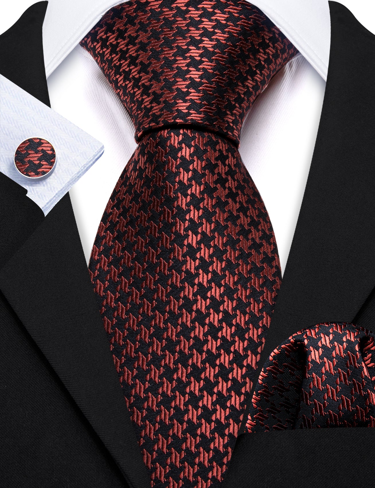 Novetly Brown Floral Silk Tie Handkerchief Cufflinks Set