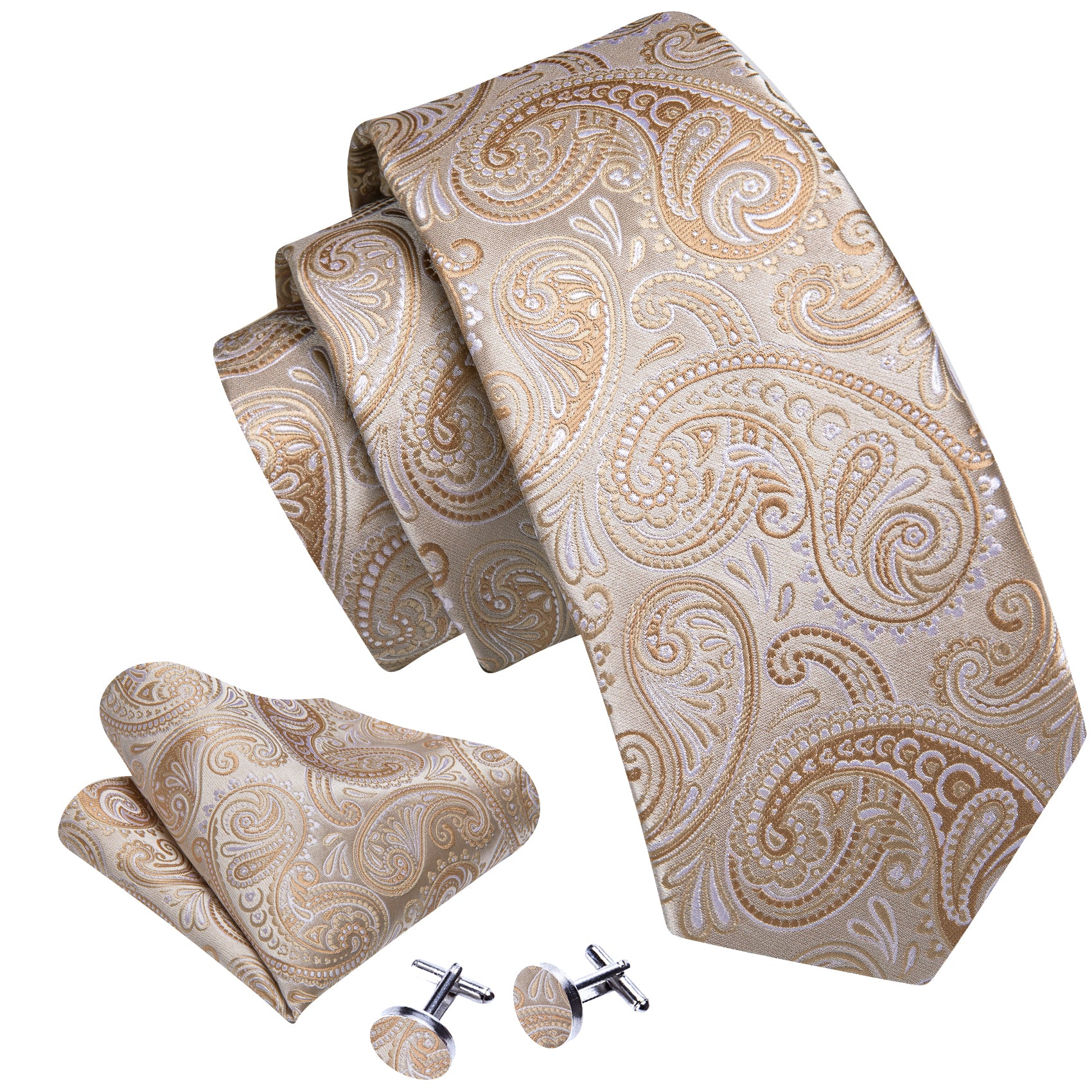 Seashell Paisley Silk Tie Pocket Square Cufflinks Set