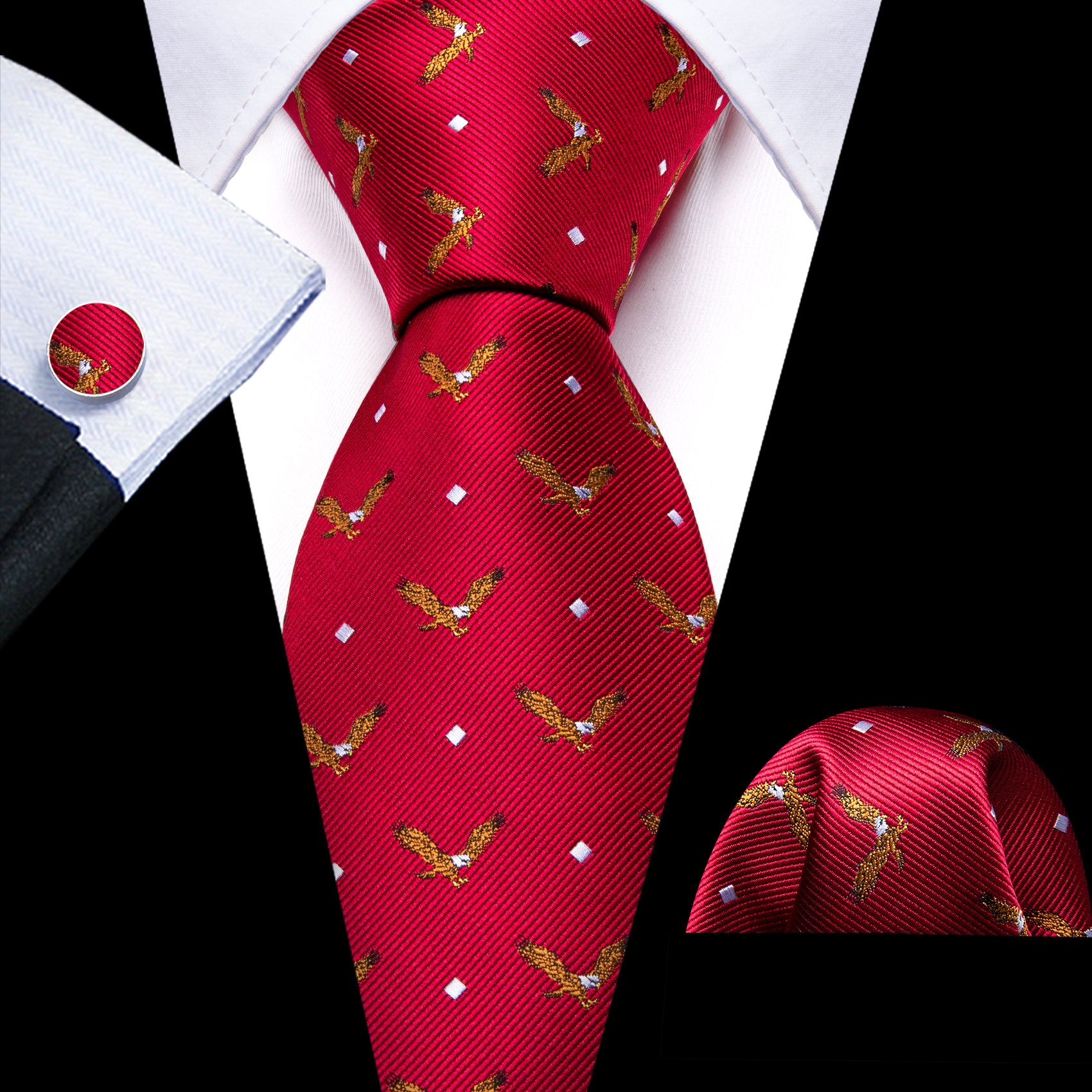 Red Brown Eagle Silk Tie Pocket Square Cufflinks Set