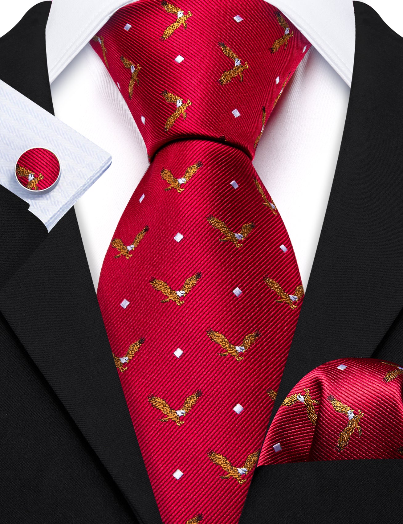 Red Brown Eagle Silk Tie Pocket Square Cufflinks Set