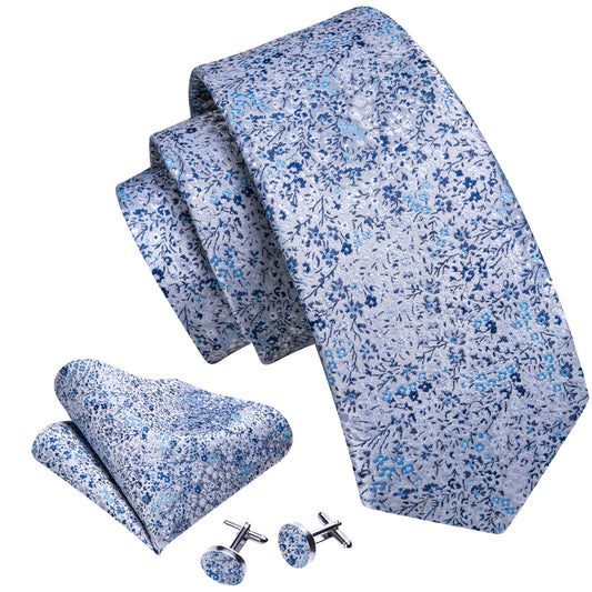  Light Blue Floral Silk Necktie Pocket Square Cufflinks Set