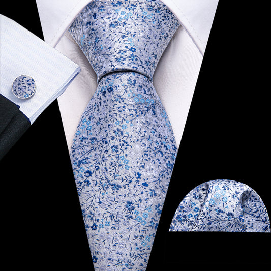  Light Blue Floral Silk Necktie Pocket Square Cufflinks Set