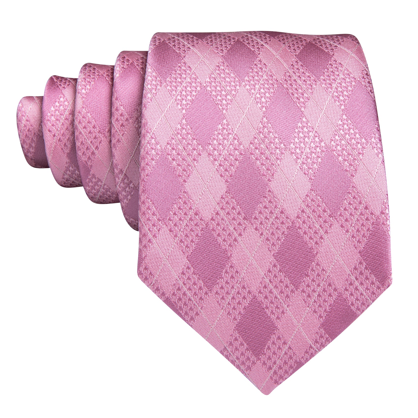 Fashion Pink Plaid Silk Necktie Pocket Square Cufflinks Set