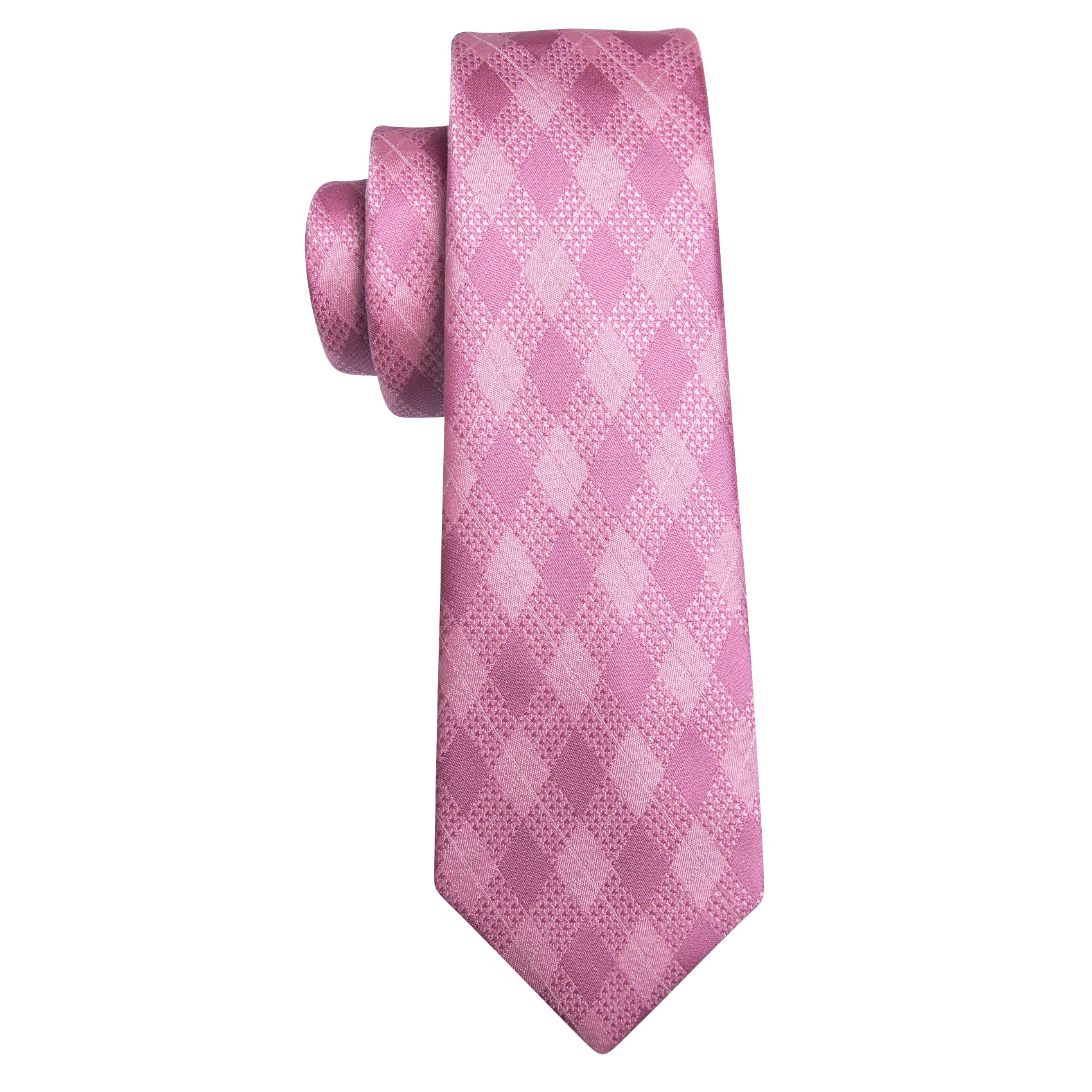 Fashion Pink Plaid Silk Necktie Pocket Square Cufflinks Set