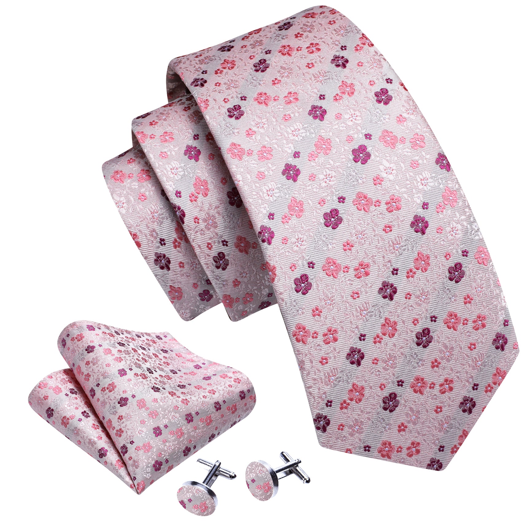 Floral Necktie Pink Flower Print Tie Hanky Cufflinks Set