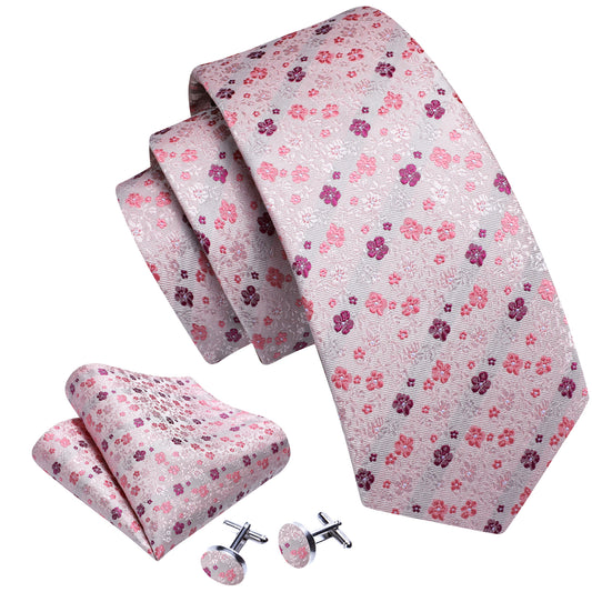 Floral Necktie Pink Flower Print Tie Hanky Cufflinks Set
