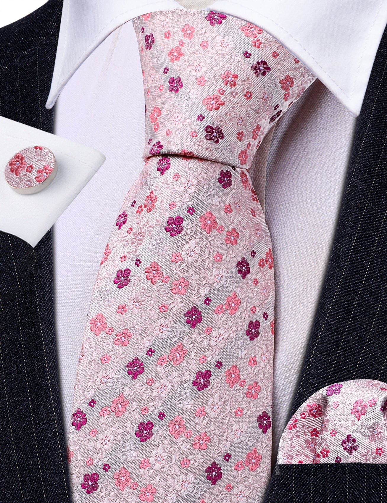 Floral Necktie Pink Flower Print Tie Hanky Cufflinks Set
