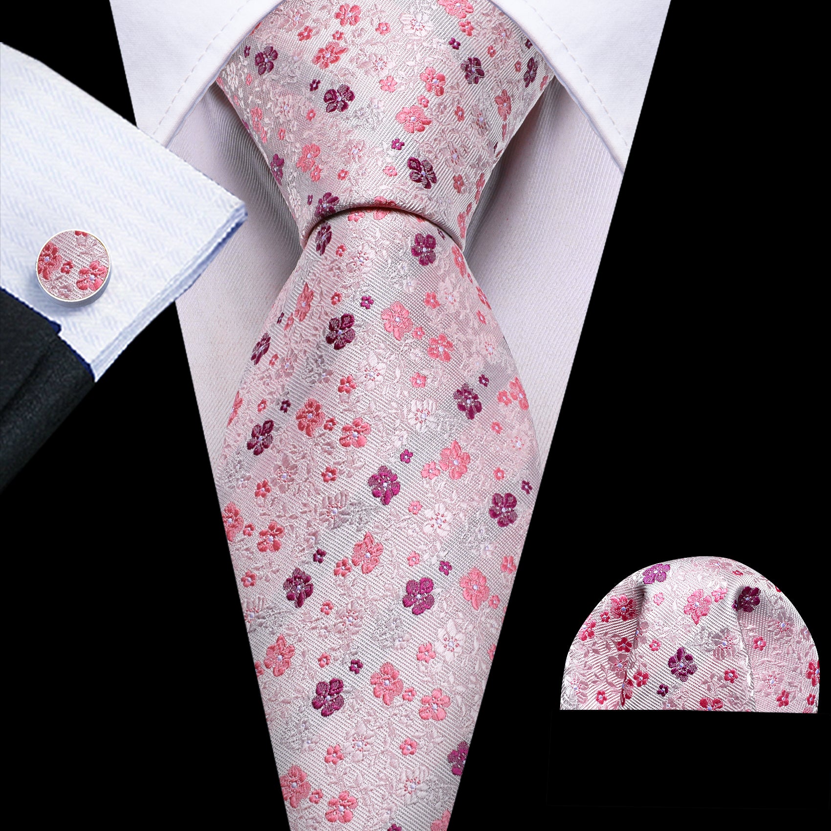 Light Pink Flower Print Silk Tie Pocket Square Cufflinks Set
