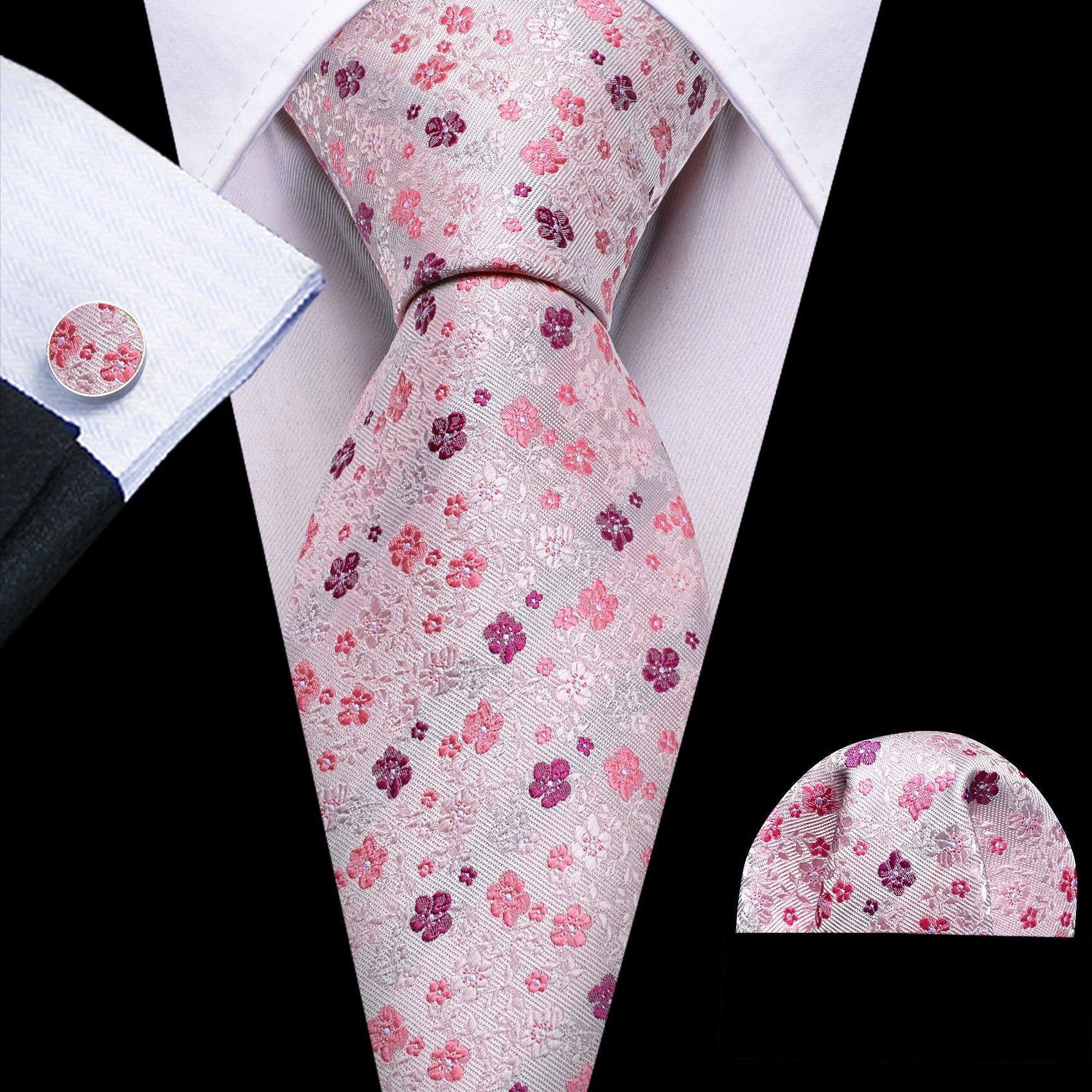 Floral Necktie Pink Flower Print Tie Hanky Cufflinks Set