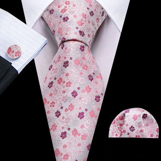 Floral Necktie Pink Flower Print Tie Hanky Cufflinks Set