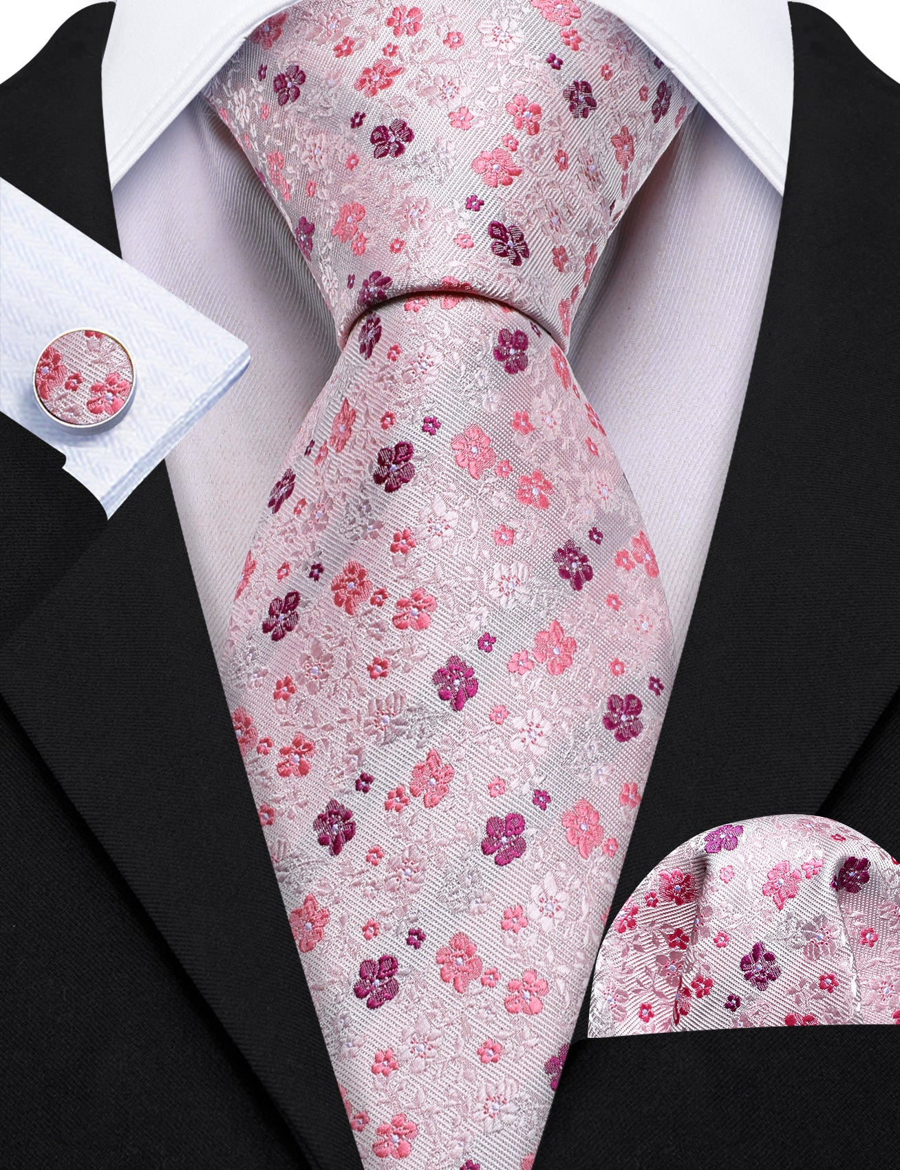 Light Pink Flower Print Silk Tie Pocket Square Cufflinks Set