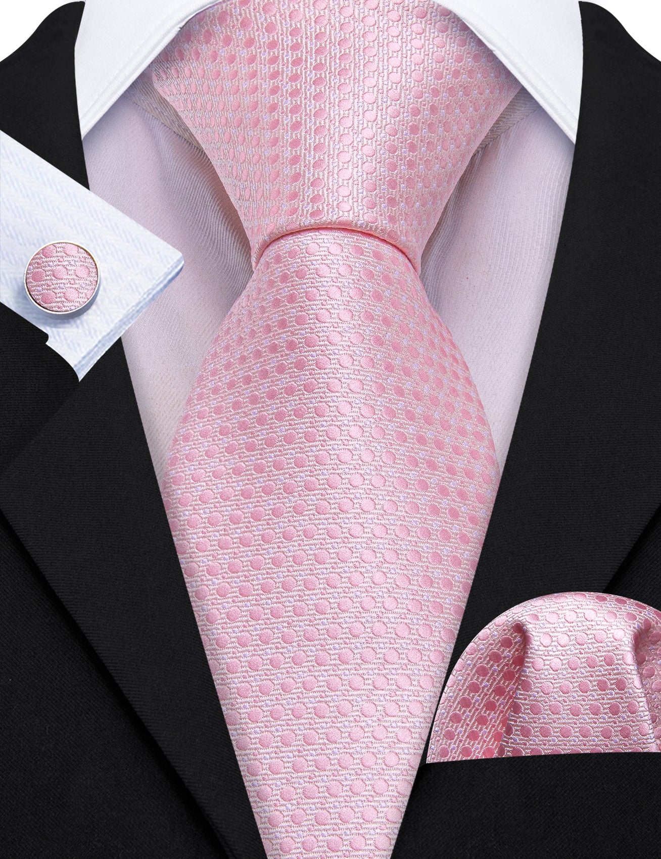 Pink Polka Dot Silk Necktie Pocket Square Cufflinks Set