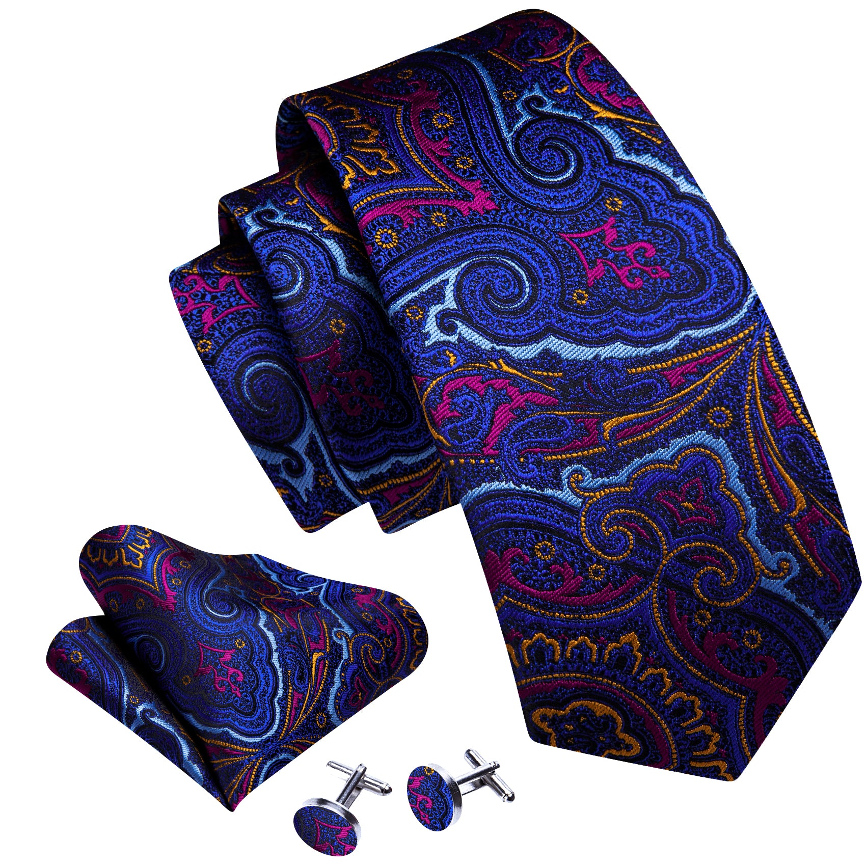Blue Gold Paisley Silk Necktie Pocket Square Cufflinks Set