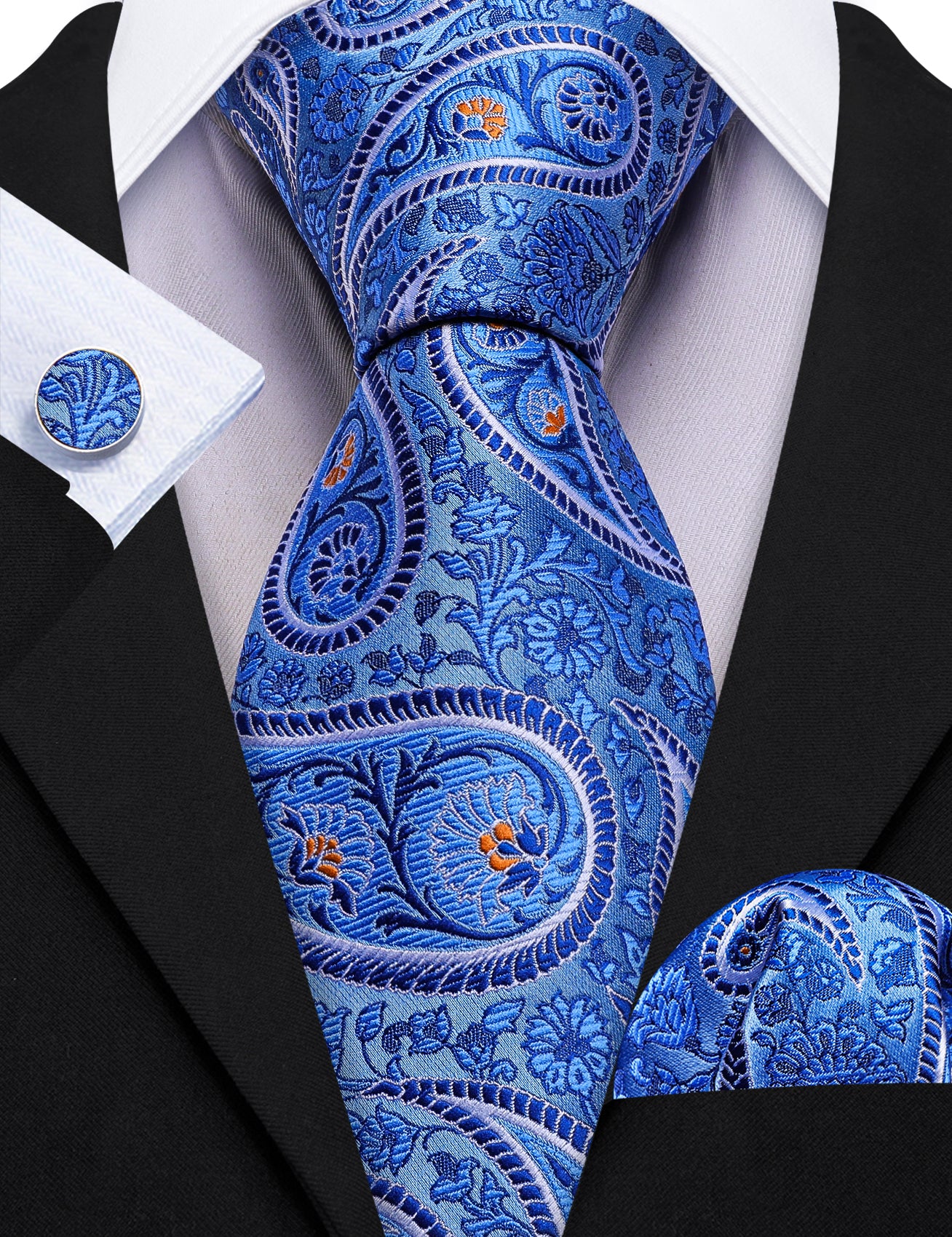 Sky Blue Paisley Silk Tie Pocket Square Cufflinks Set