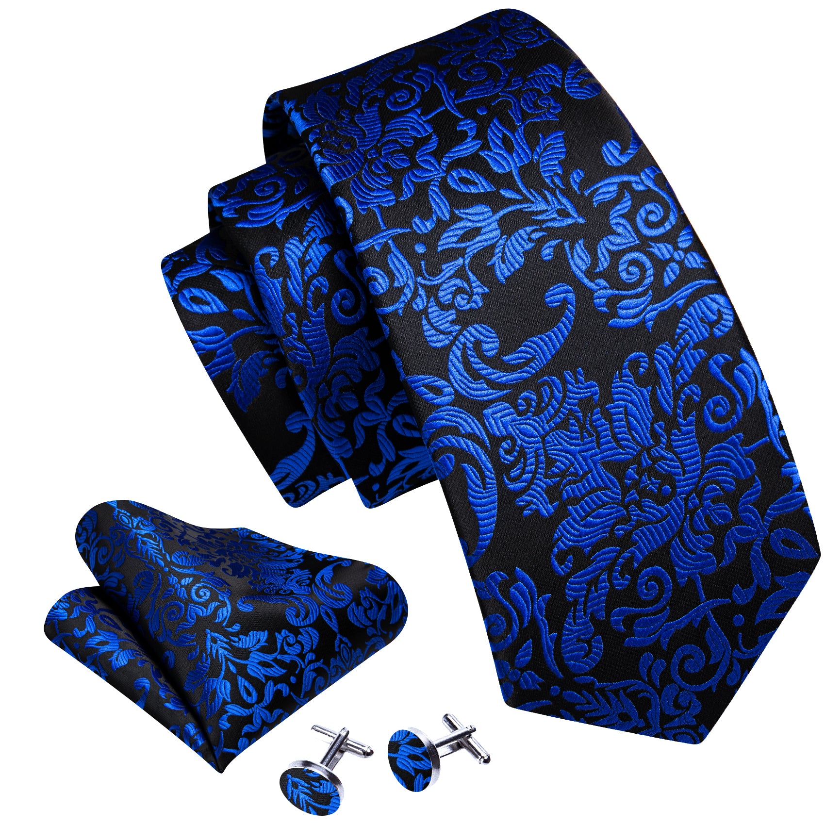 Barry.wang Black Tie Cobalt Blue Floral Silk Tie Pocket Square Cufflinks Set