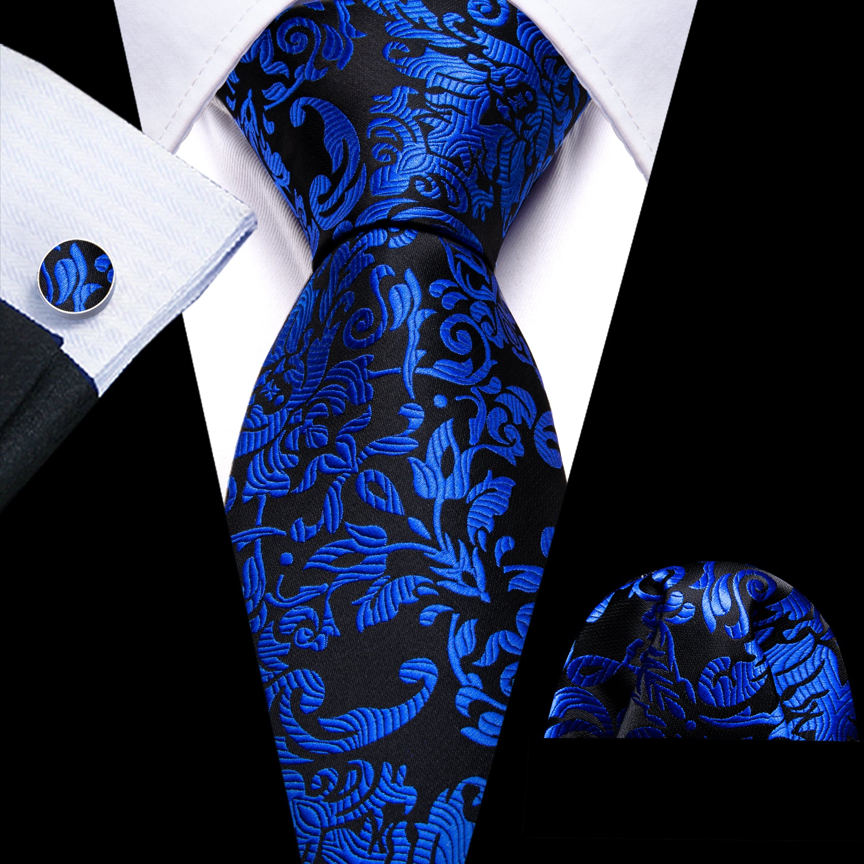 Black Necktie blue floral tie and Black Suit 