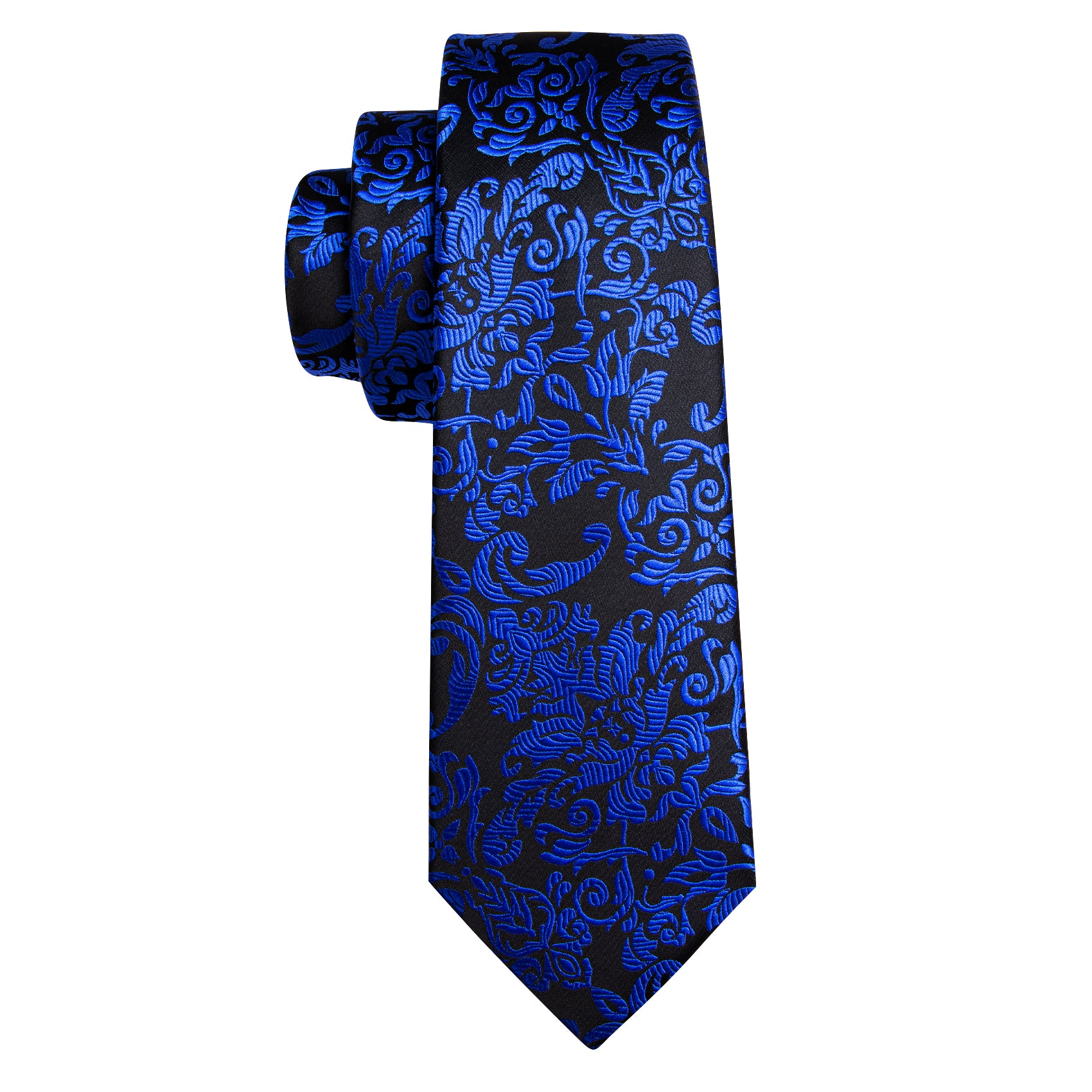 Barry.wang Black Tie Cobalt Blue Floral Silk Tie Pocket Square Cufflinks Set