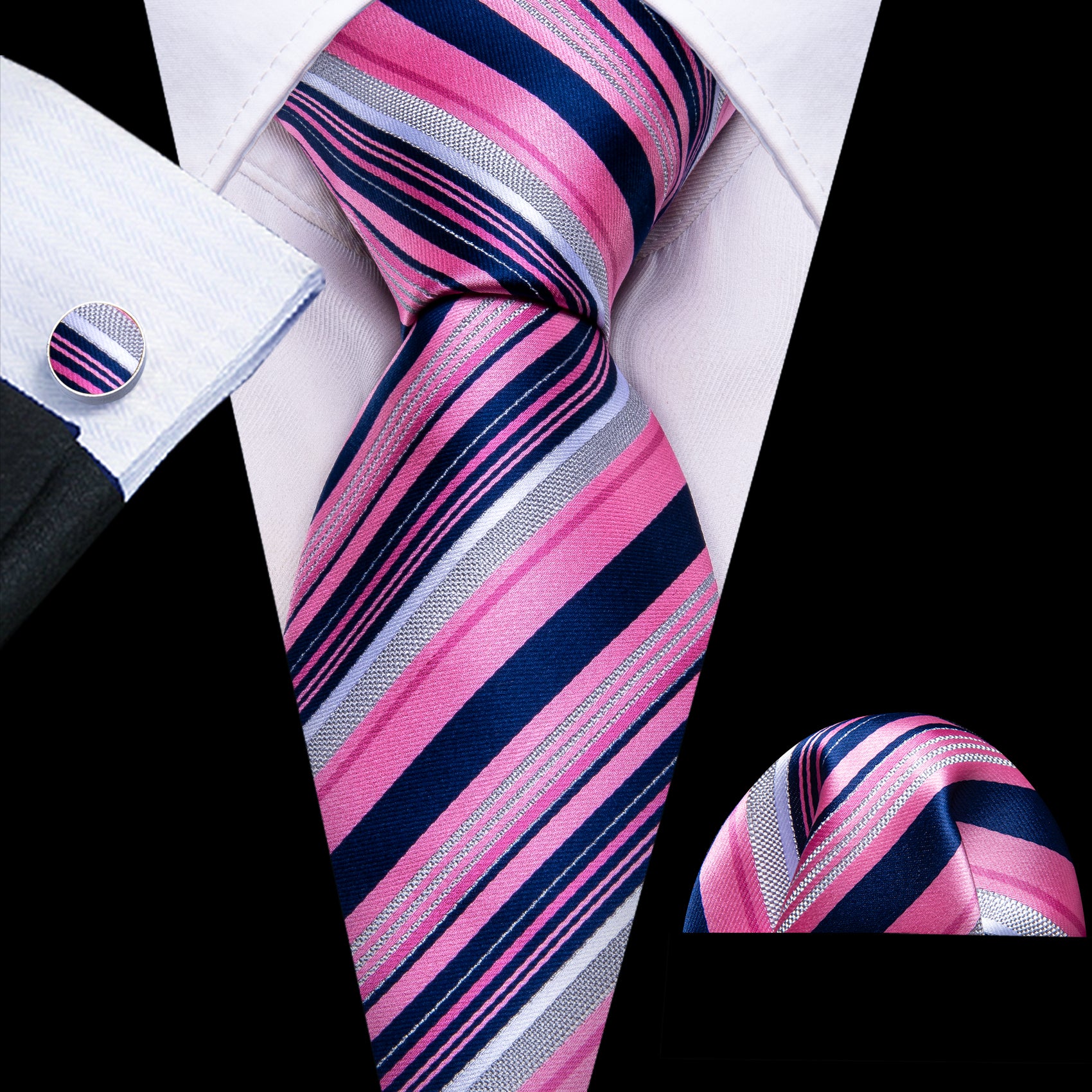 Lilac Blue Striped Silk Necktie Pocket Square Cufflinks Set