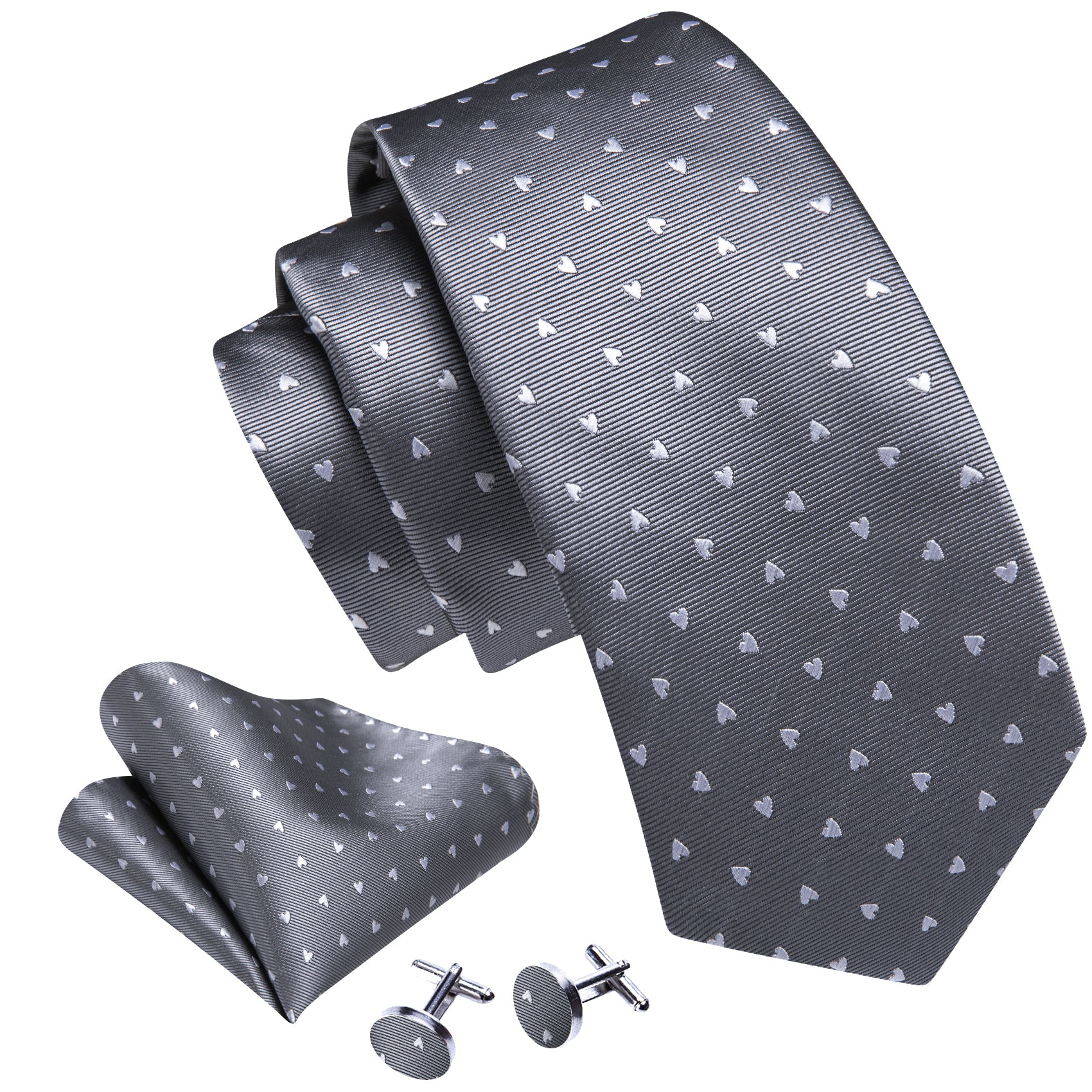  Grey Ties White Heart Pattern Necktie Hanky Cufflinks Set