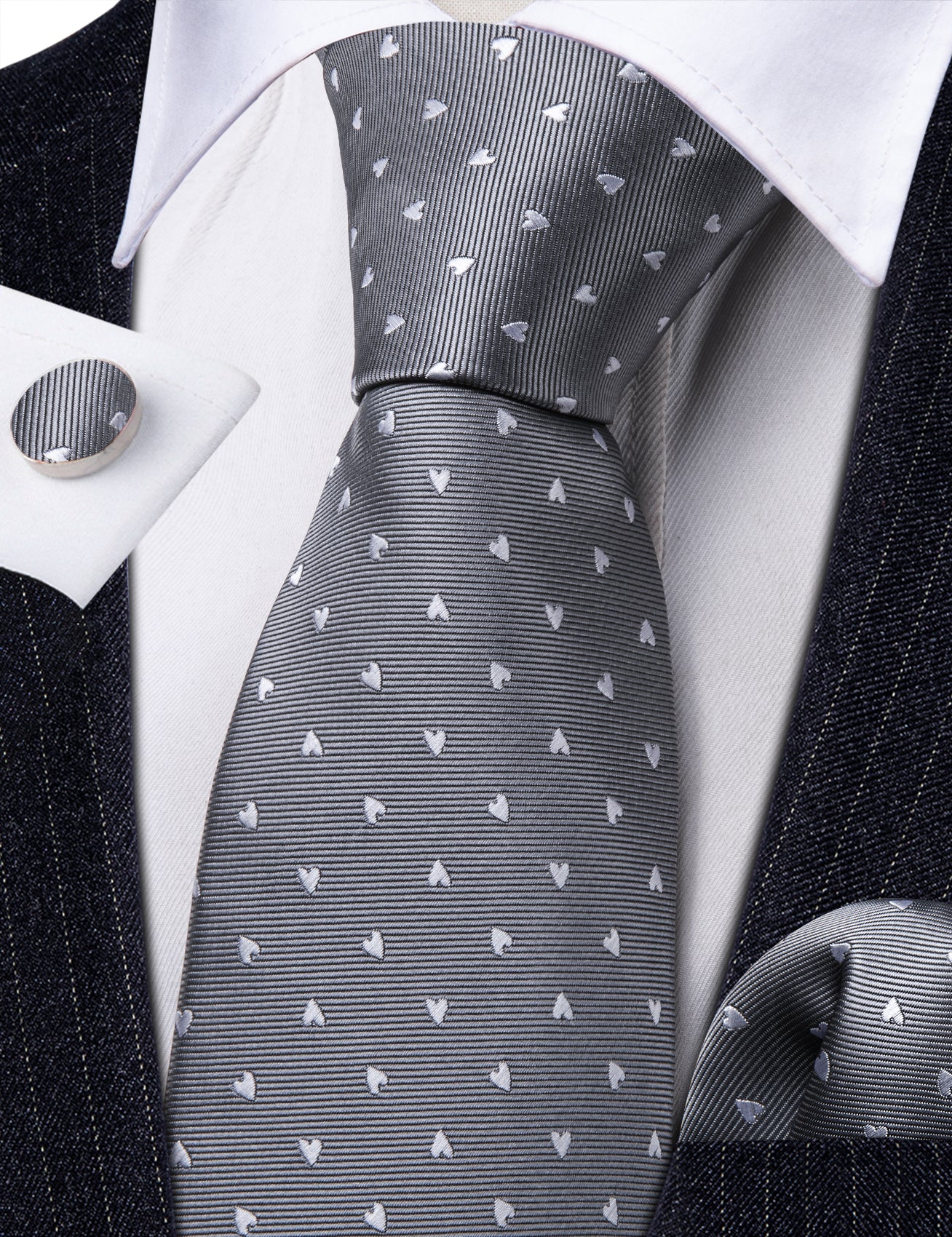  Grey Ties White Heart Pattern Necktie Hanky Cufflinks Set