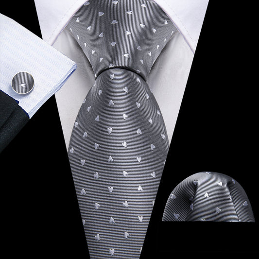  Grey Ties White Heart Pattern Necktie Hanky Cufflinks Set