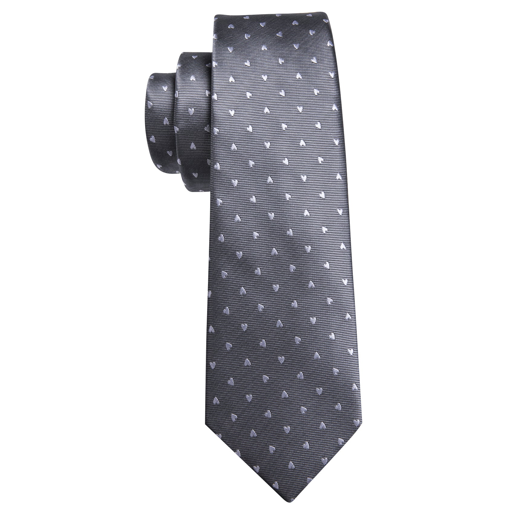  Grey Ties White Heart Pattern Necktie Hanky Cufflinks Set