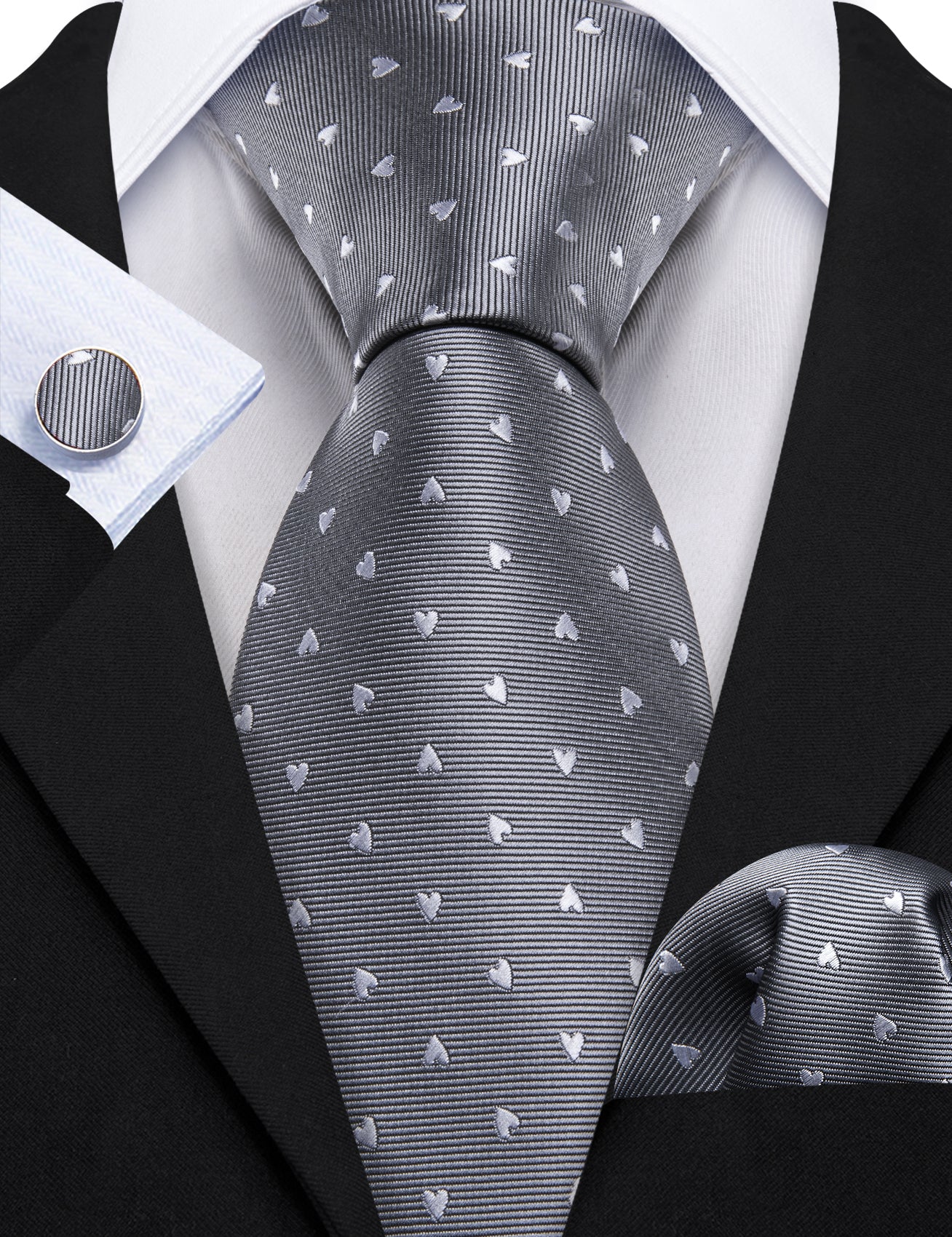Grey White Heart Shaped Silk Tie Pocket Square Cufflinks Set